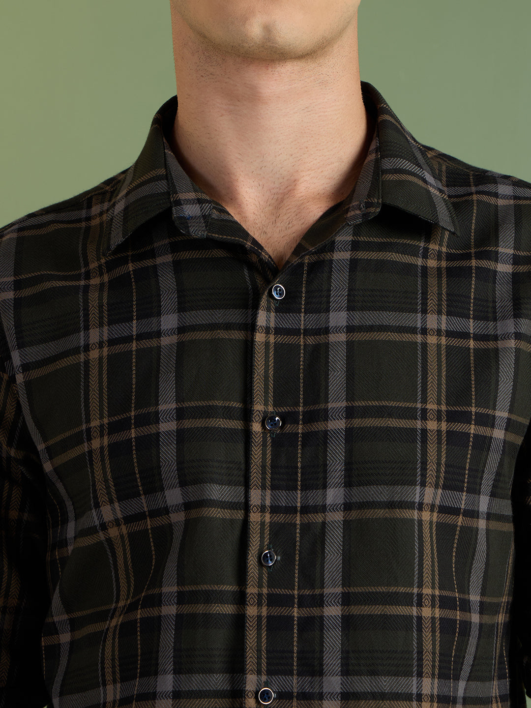 Men's Slim Fit Olive Checks 100% Cotton Casual Shirt | Mark & Albert