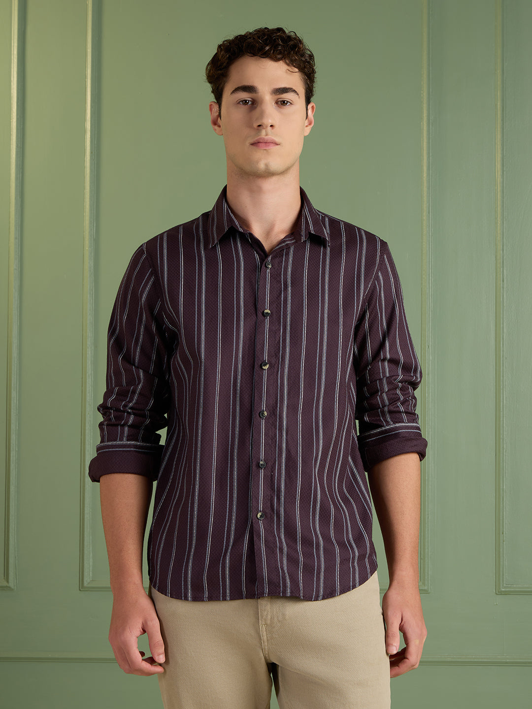 Men's Slim Fit Plum Striped Casual Shirt 100% Cotton | Mark & Albert