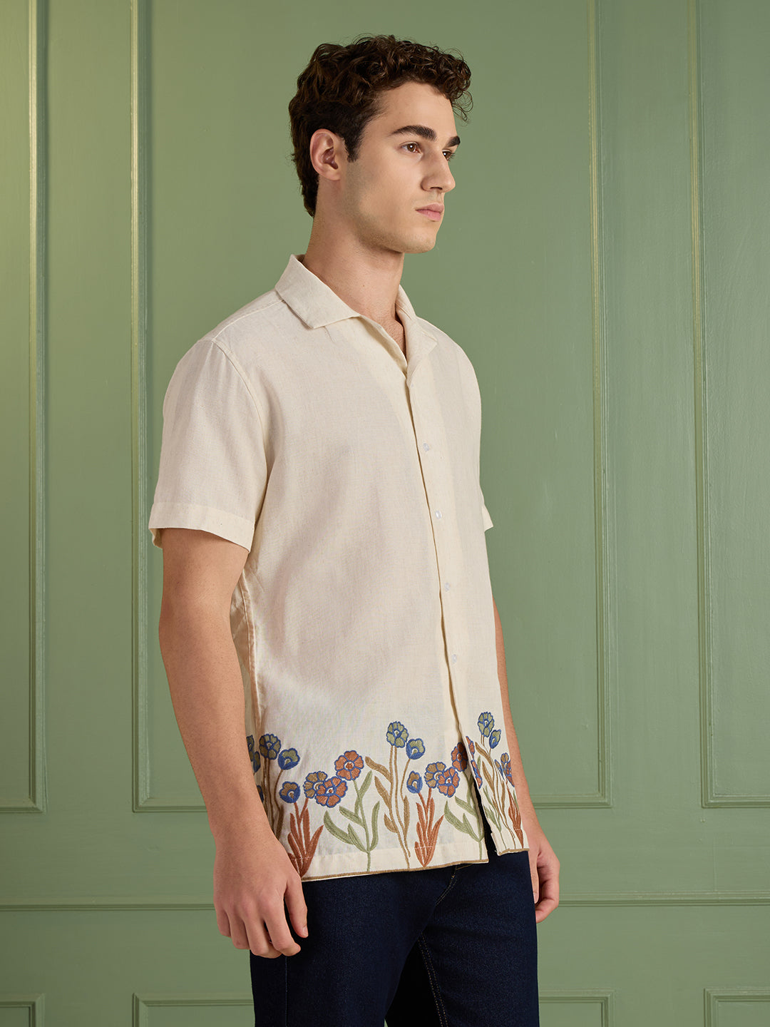 Men's Cream Floral Embroidered Regular Fit Half-Sleeves Shirt | MARK & ALBERT