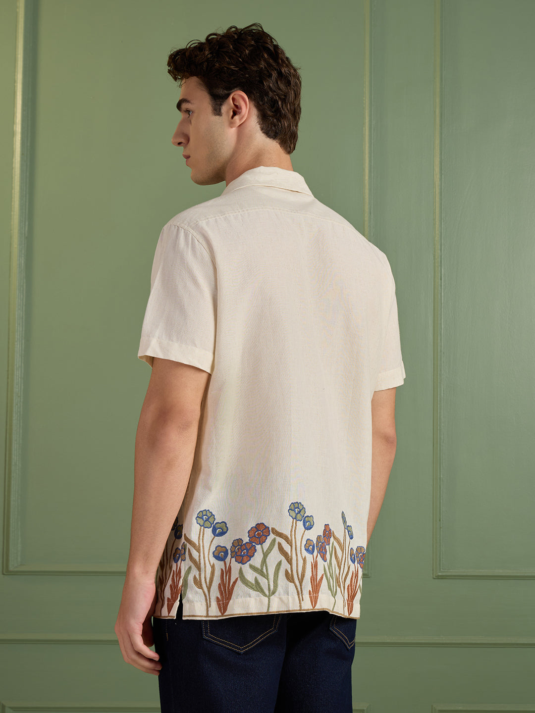 Men's Cream Floral Embroidered Regular Fit Half-Sleeves Shirt | MARK & ALBERT