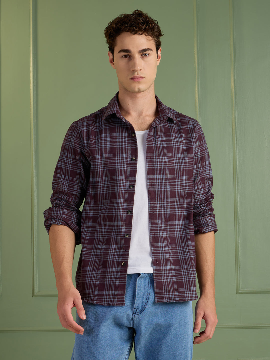 Men's Slim Fit Maroon 100% Cotton Checkered Casual Shirt | Mark & Albert