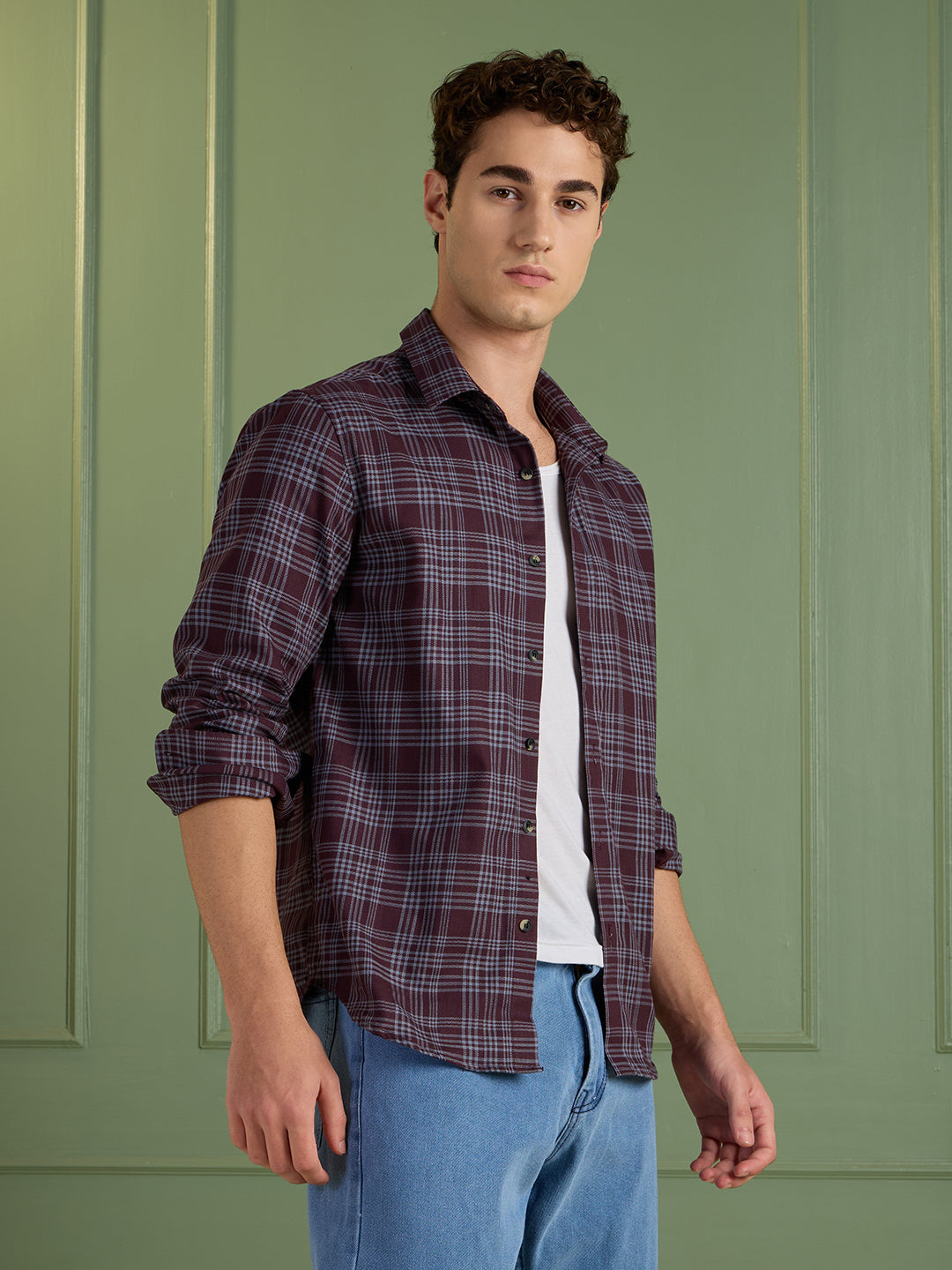 Men's Slim Fit Maroon 100% Cotton Checkered Casual Shirt | Mark & Albert