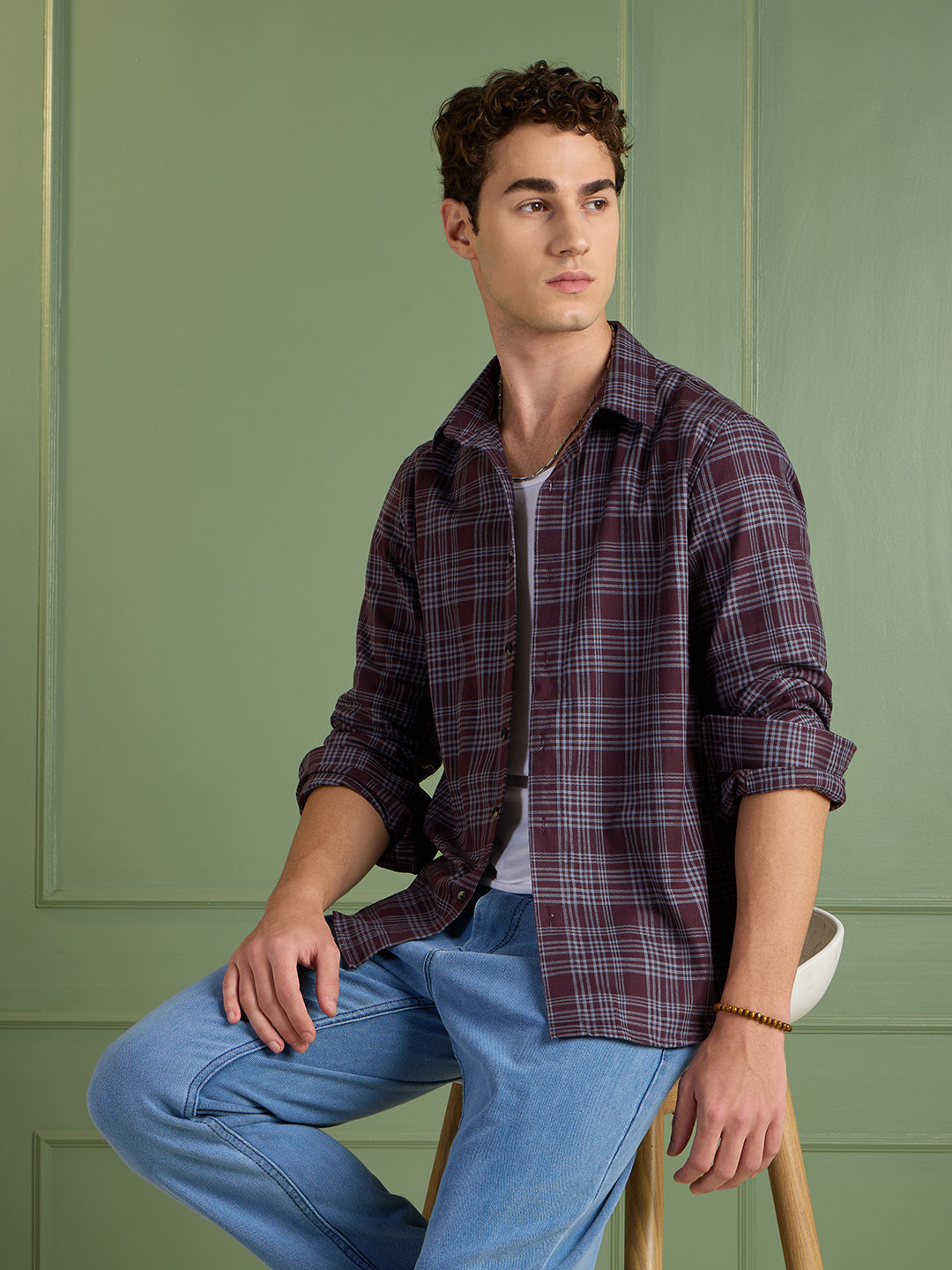 Men's Slim Fit Maroon 100% Cotton Checkered Casual Shirt | Mark & Albert