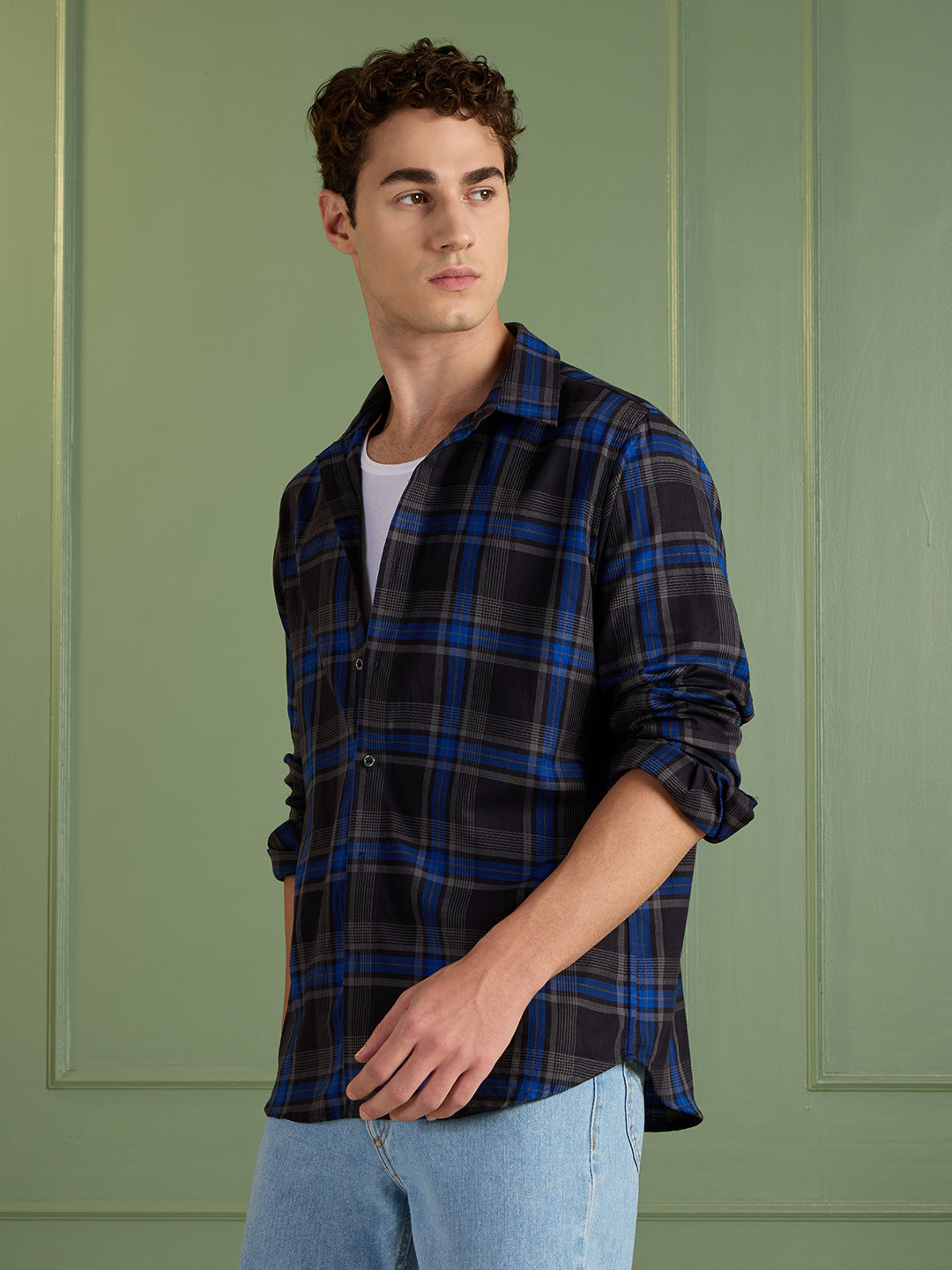 Men’s Black & Blue Checkered 100% Cotton Slim Fit Casual Shirt | MARK & ALBERT