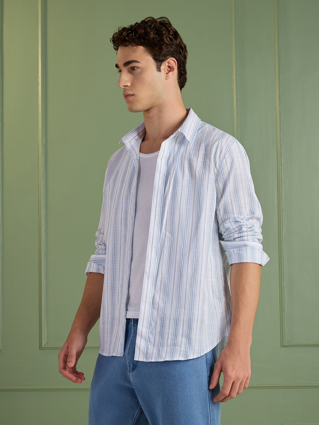 Men's Slim Fit Blue Striped 100% Cotton Casual Shirt | Mark & Albert