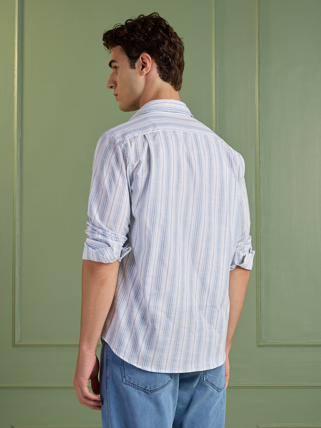 Men's Slim Fit Blue Striped 100% Cotton Casual Shirt | Mark & Albert
