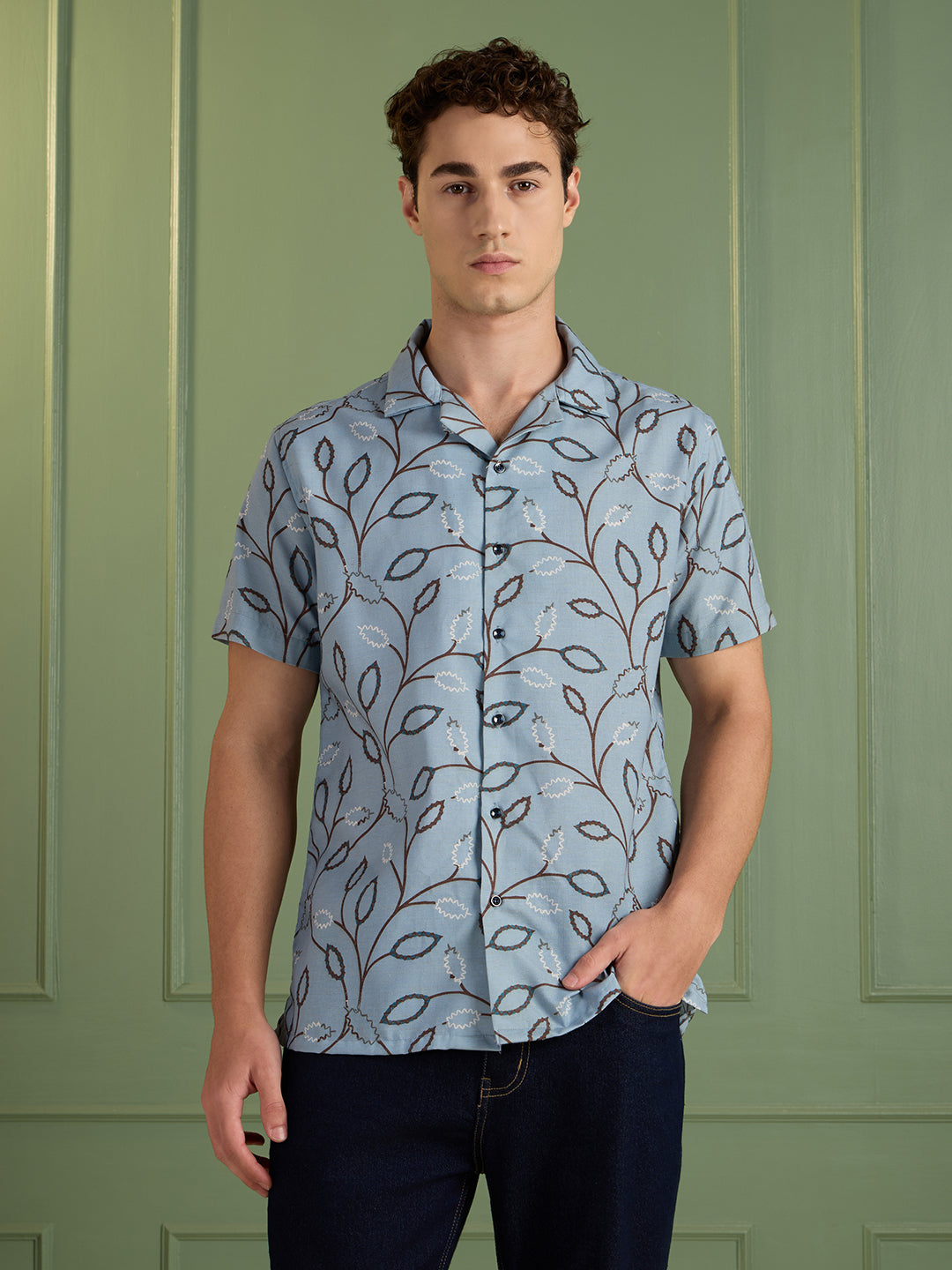 Men's Regular Fit Blue Printed Cuban Collar Half-Sleeves Shirt | MARK & ALBERT
