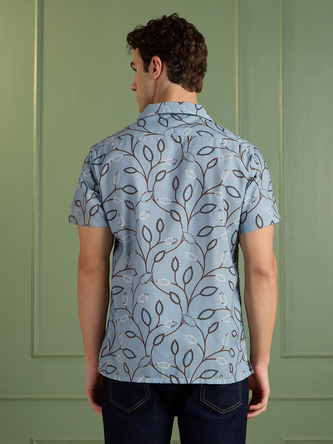 Men's Regular Fit Blue Printed Cuban Collar Half-Sleeves Shirt | MARK & ALBERT