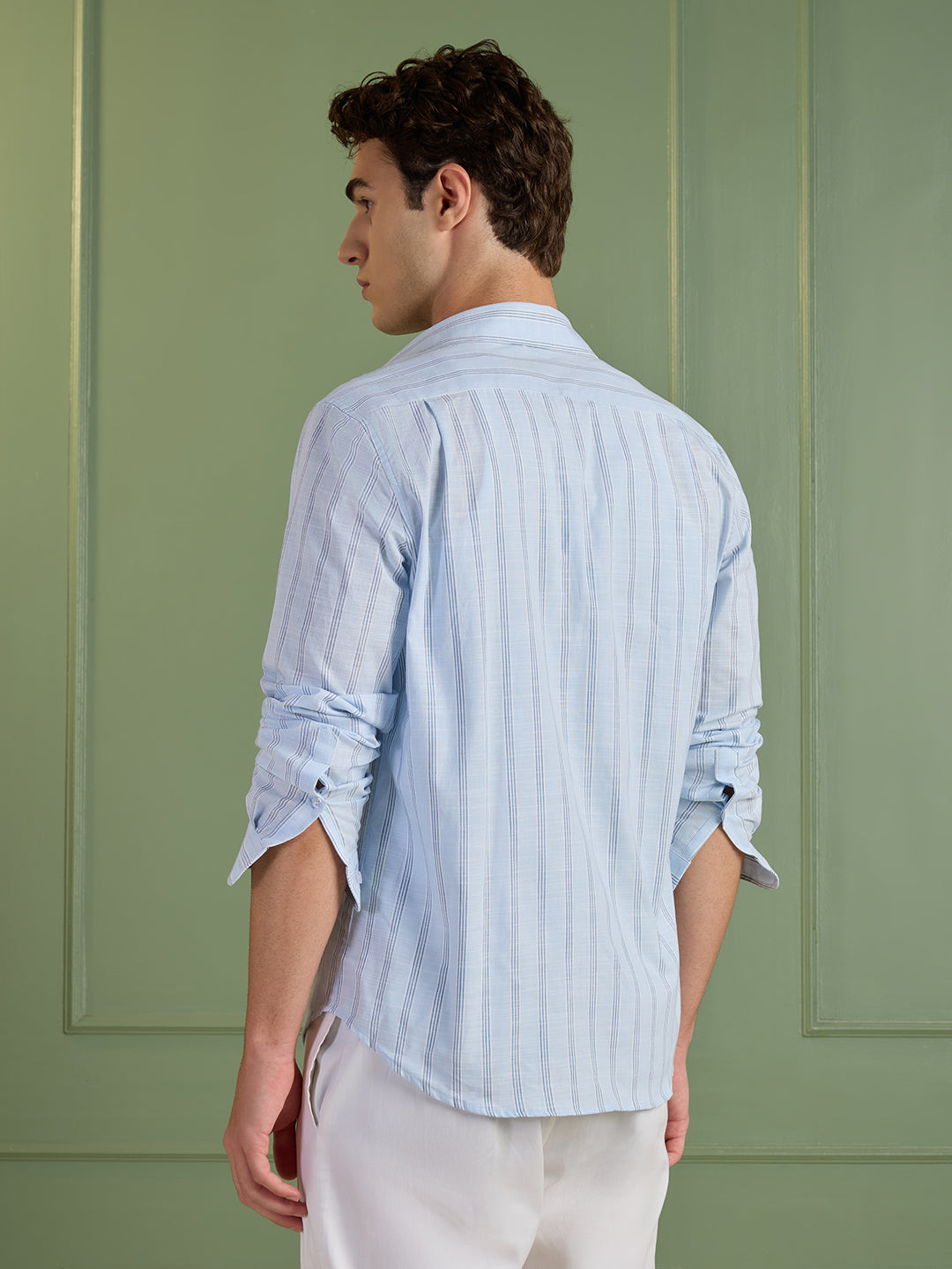 Men's Slim Fit Sky Blue Striped 100% Cotton Casual Shirt | Mark & Albert