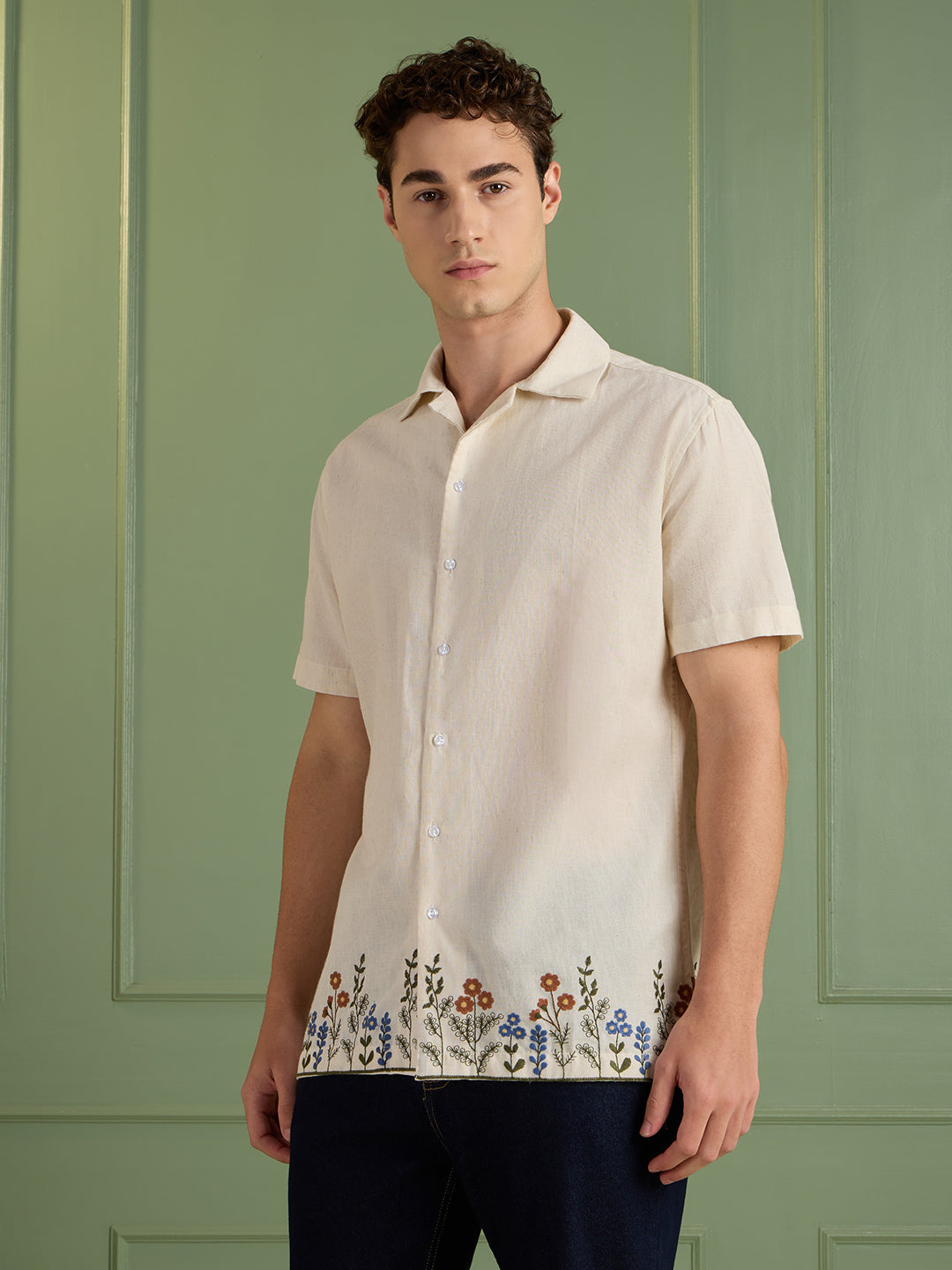Men's Cream Floral Embroidered Regular Fit Half-Sleeves Shirt | MARK & ALBERT