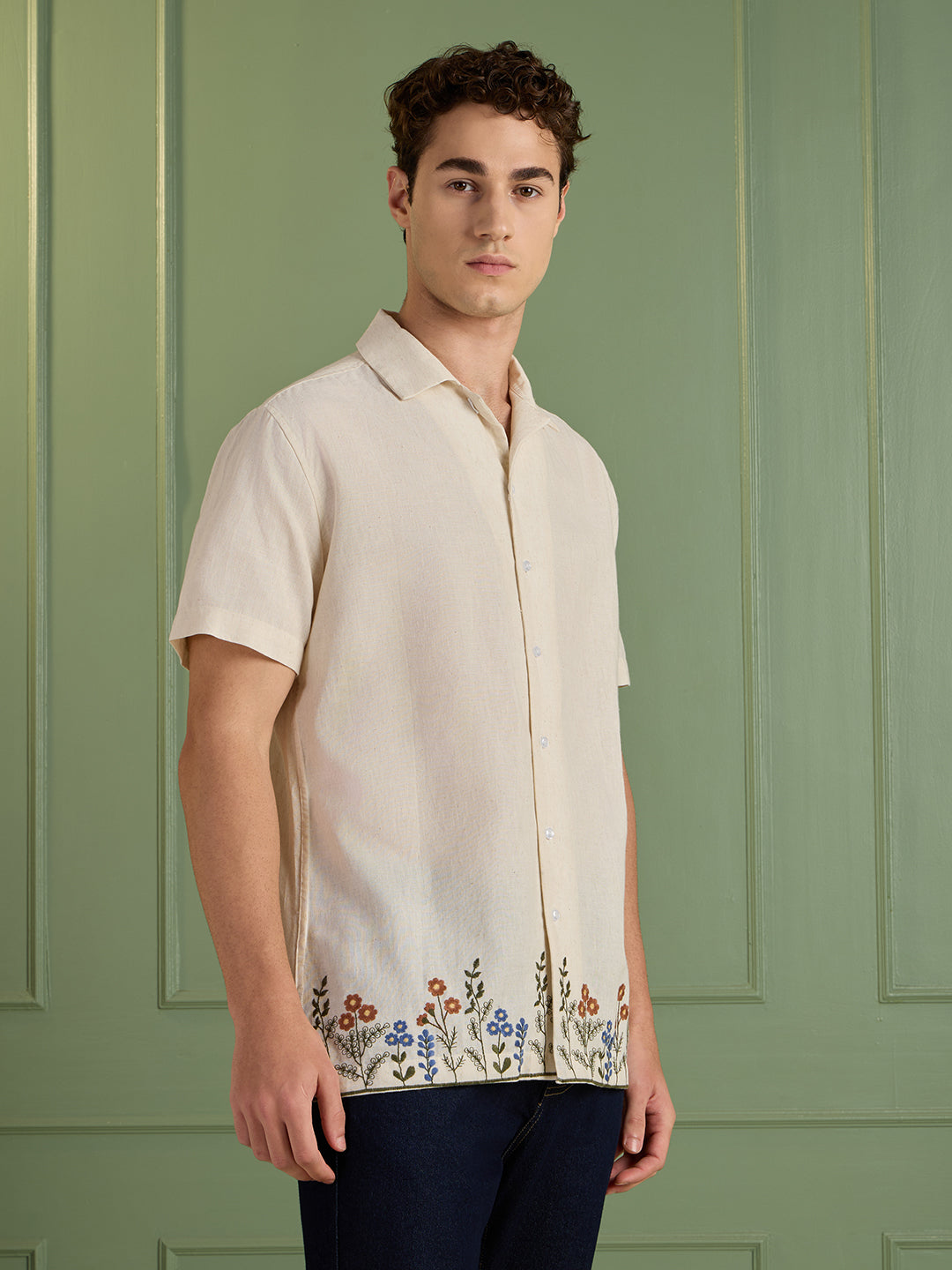 Men's Cream Floral Embroidered Regular Fit Half-Sleeves Shirt | MARK & ALBERT