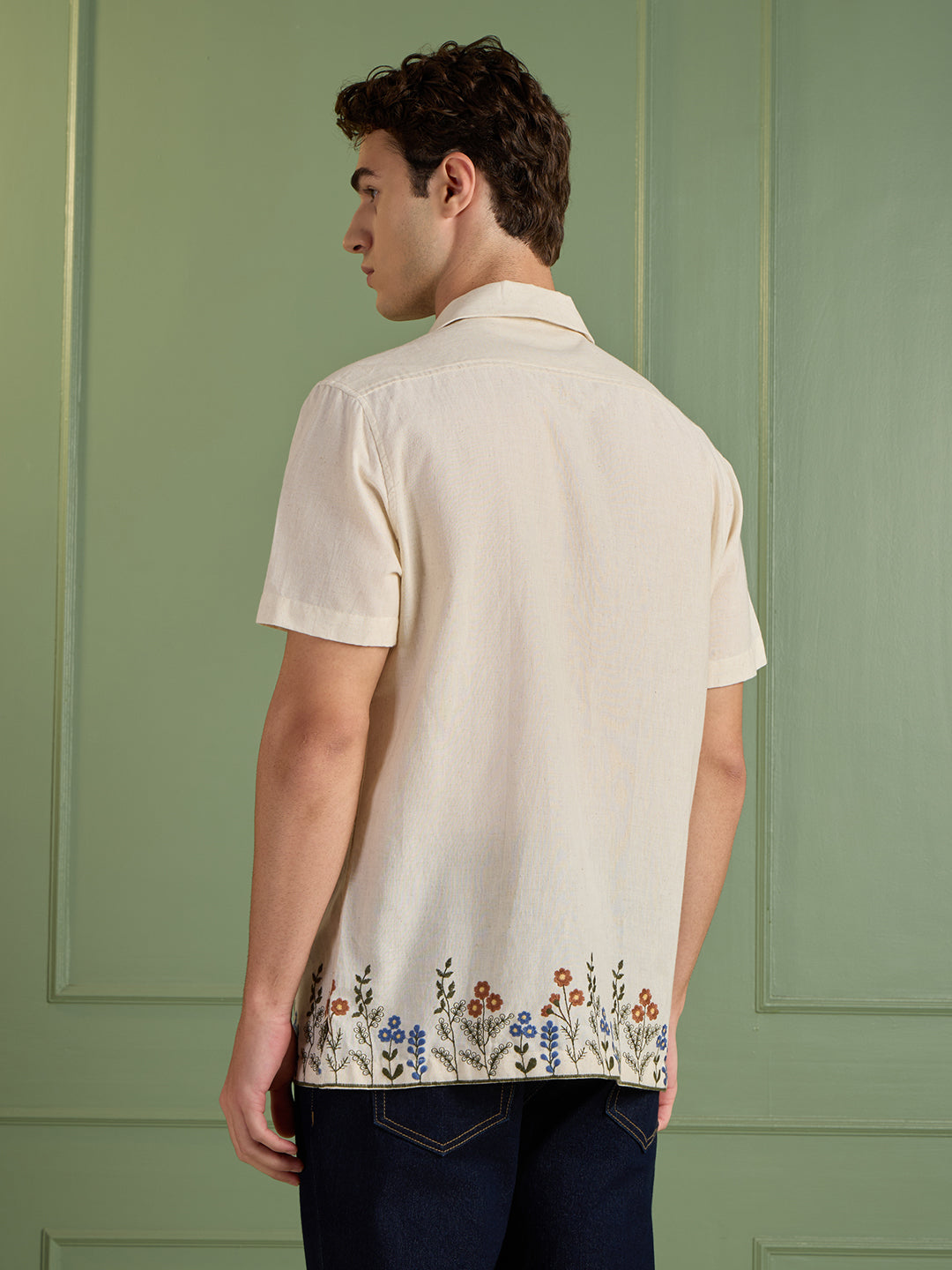 Men's Cream Floral Embroidered Regular Fit Half-Sleeves Shirt | MARK & ALBERT