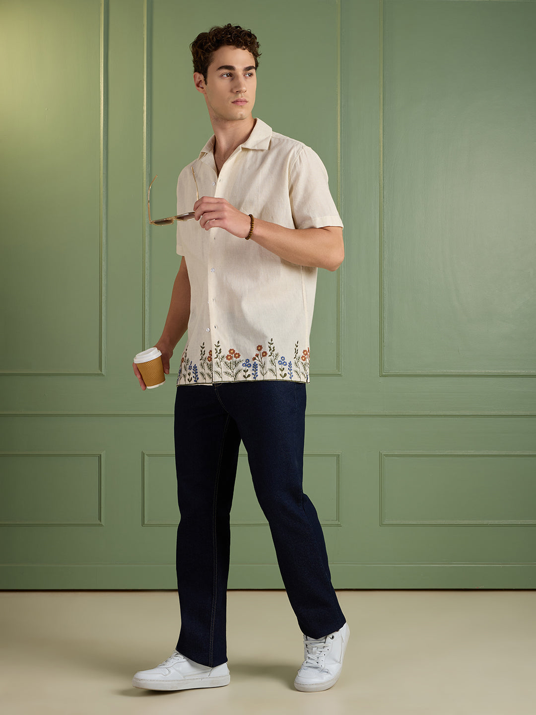 Men's Cream Floral Embroidered Regular Fit Half-Sleeves Shirt | MARK & ALBERT