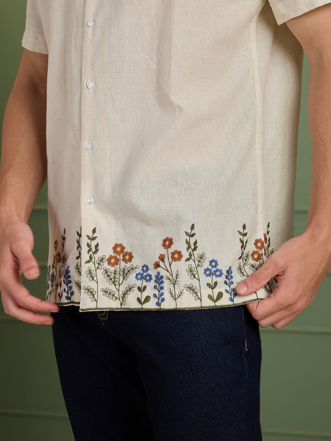 Men's Cream Floral Embroidered Regular Fit Half-Sleeves Shirt | MARK & ALBERT