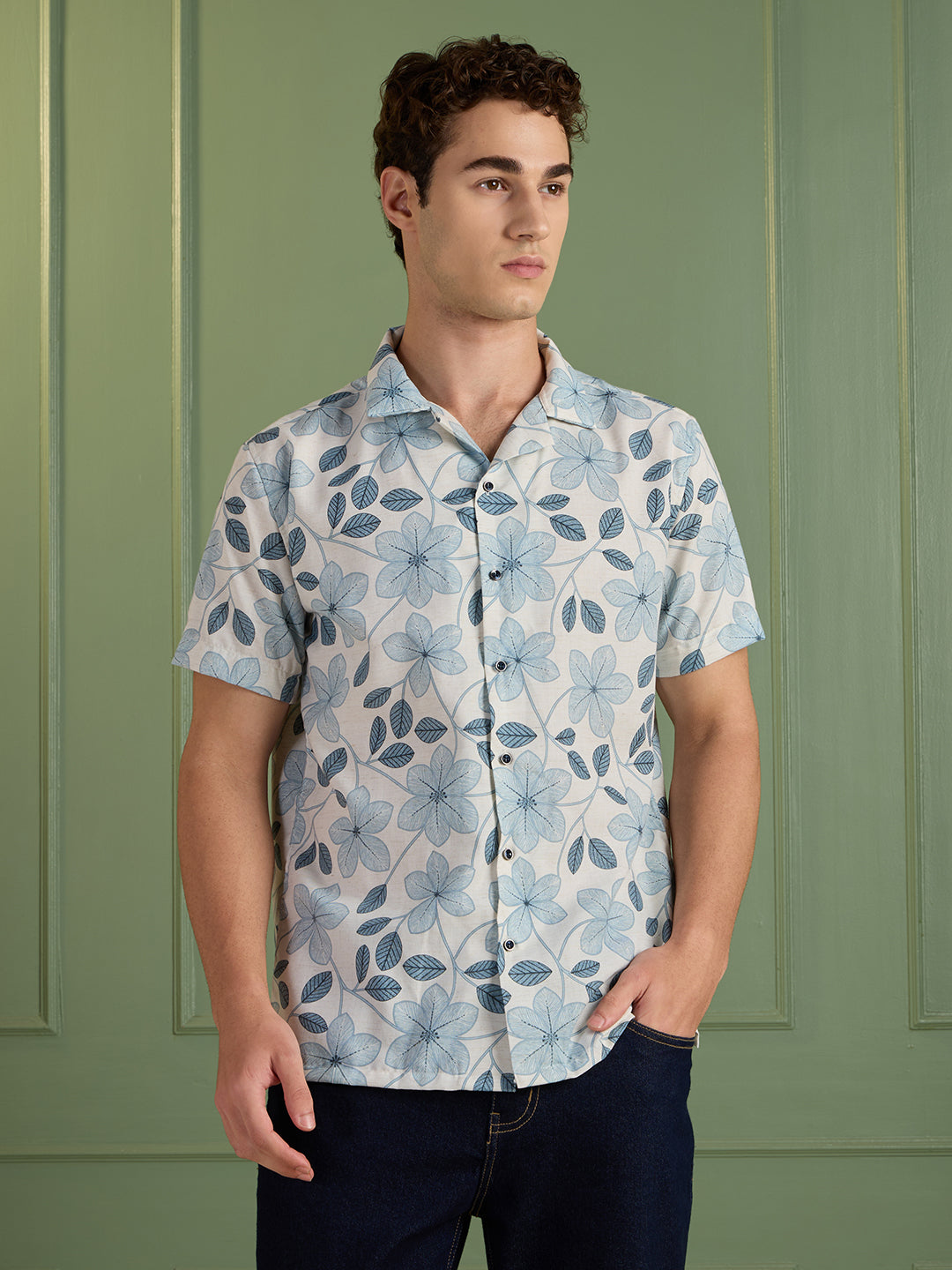 Men's Regular Fit Blue Floral Cuban Collar Half-Sleeves Shirt | MARK & ALBERT