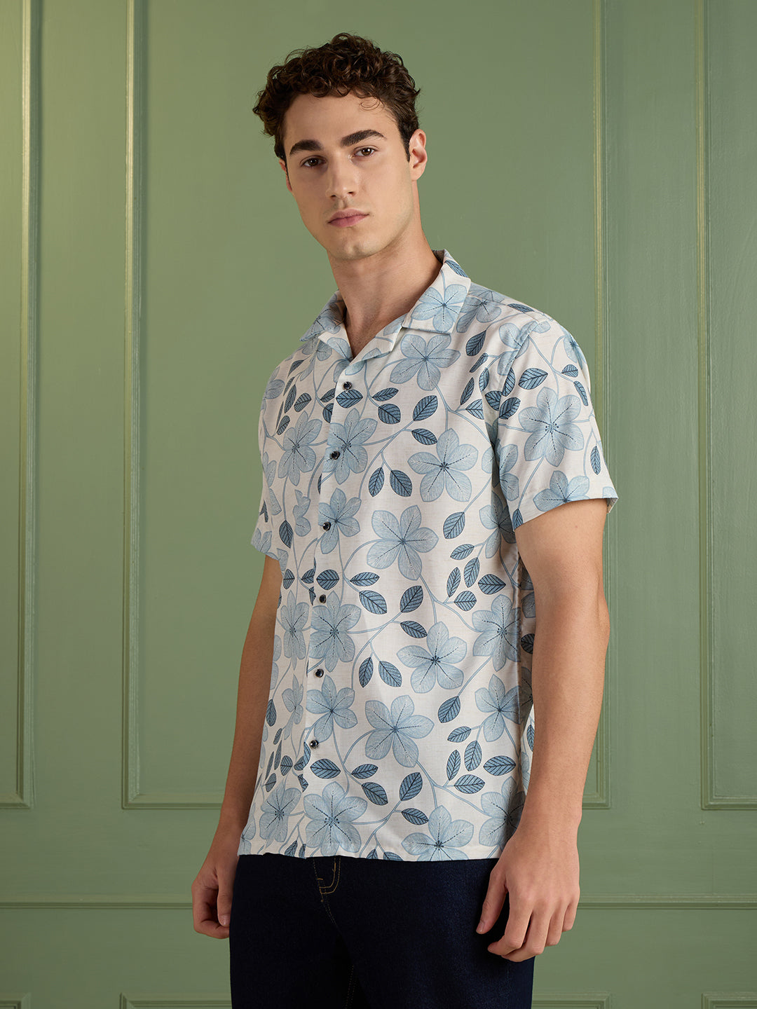 Men's Regular Fit Blue Floral Cuban Collar Half-Sleeves Shirt | MARK & ALBERT