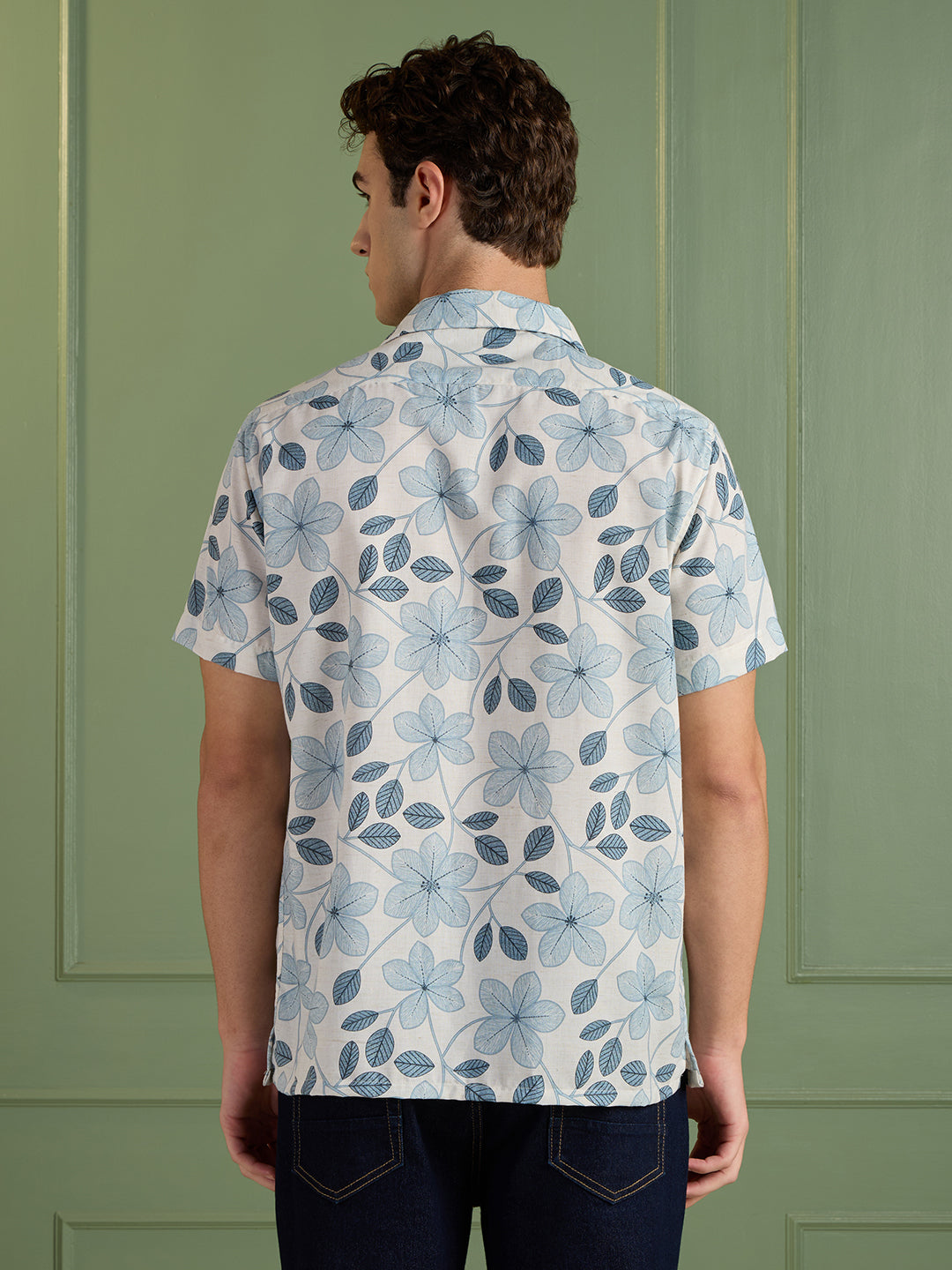 Men's Regular Fit Blue Floral Cuban Collar Half-Sleeves Shirt | MARK & ALBERT