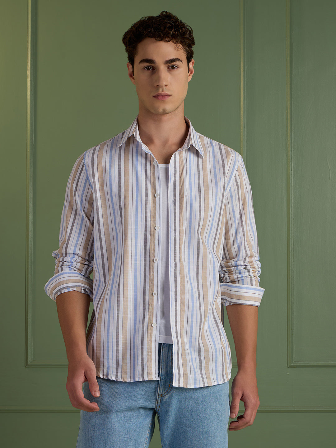 Men's Slim Fit Blue Striped 100% Cotton Casual Shirt | Mark & Albert