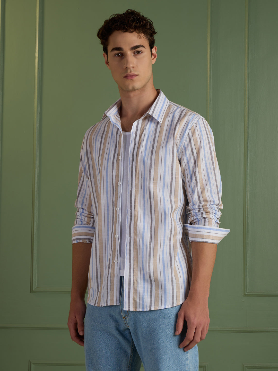 Men's Slim Fit Blue Striped 100% Cotton Casual Shirt | Mark & Albert
