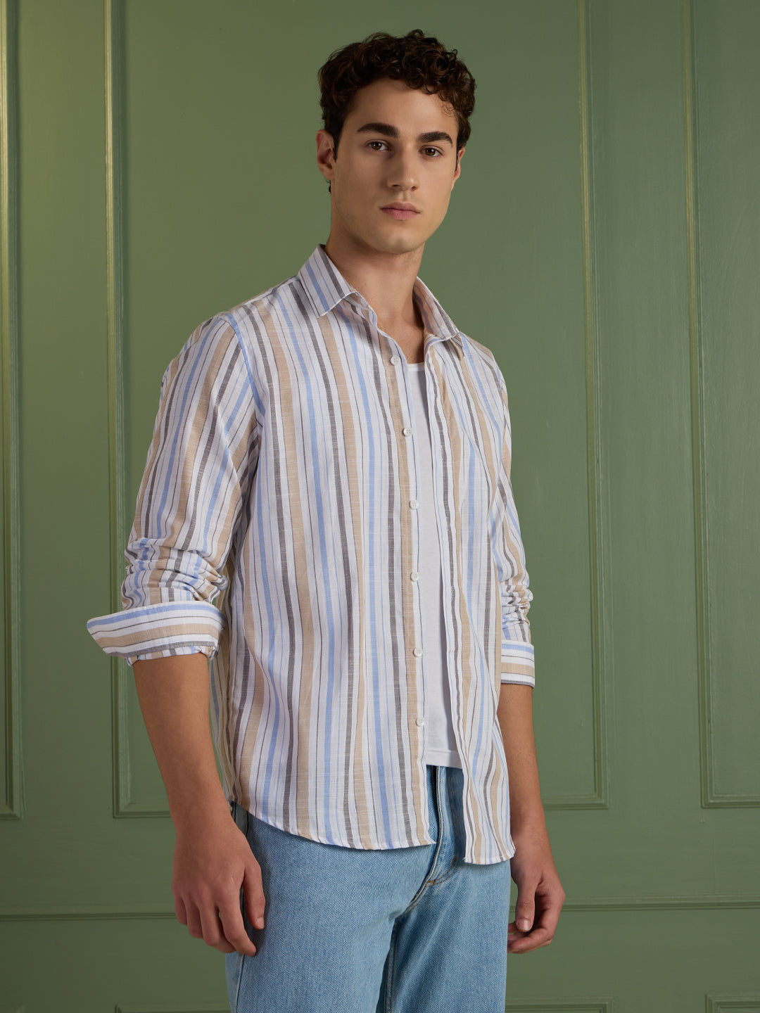 Men's Slim Fit Blue Striped 100% Cotton Casual Shirt | Mark & Albert