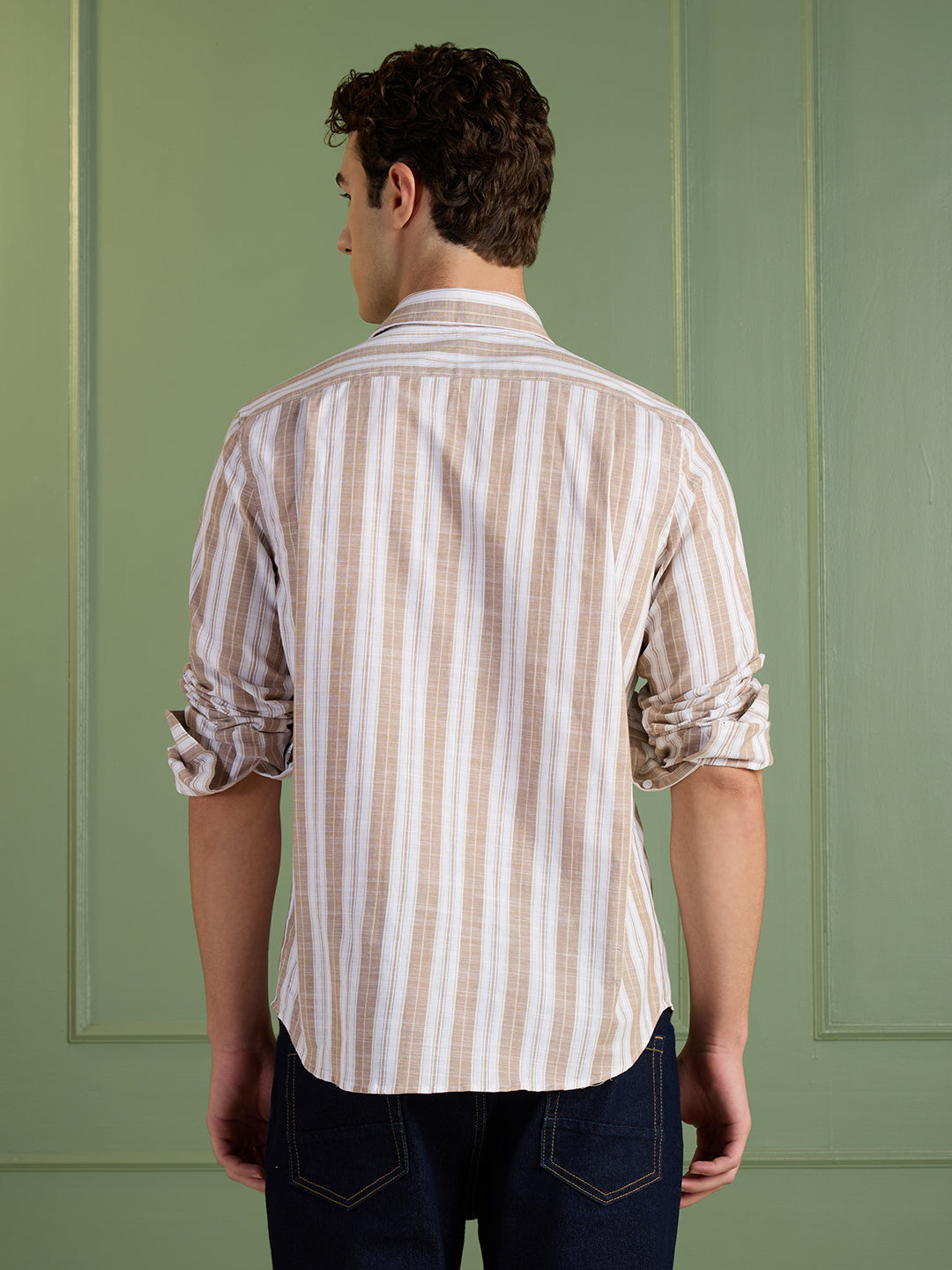 Men's Slim Fit Biege Striped 100% Cotton Casual Shirt | Mark & Albert