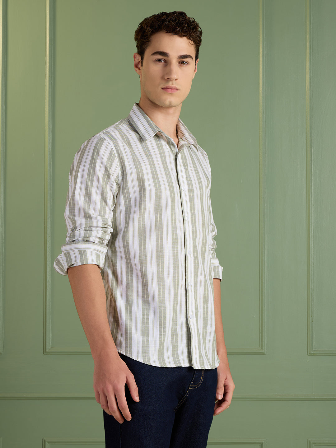 Men's Slim Fit Green Striped 100% Cotton Casual Shirt | Mark & Albert