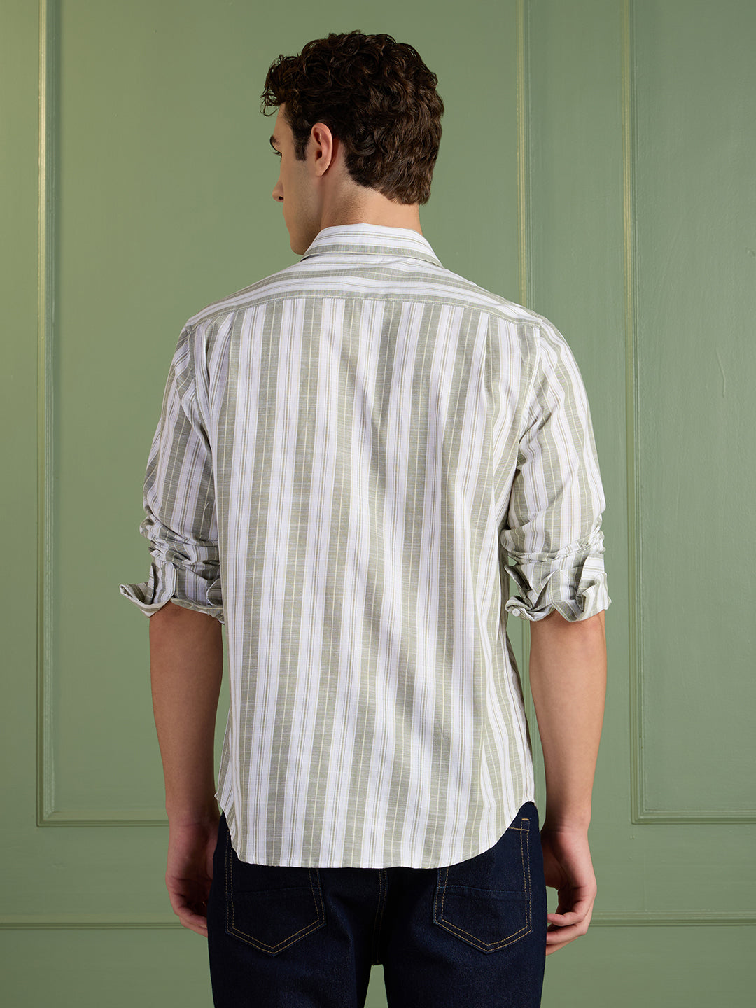 Men's Slim Fit Green Striped 100% Cotton Casual Shirt | Mark & Albert