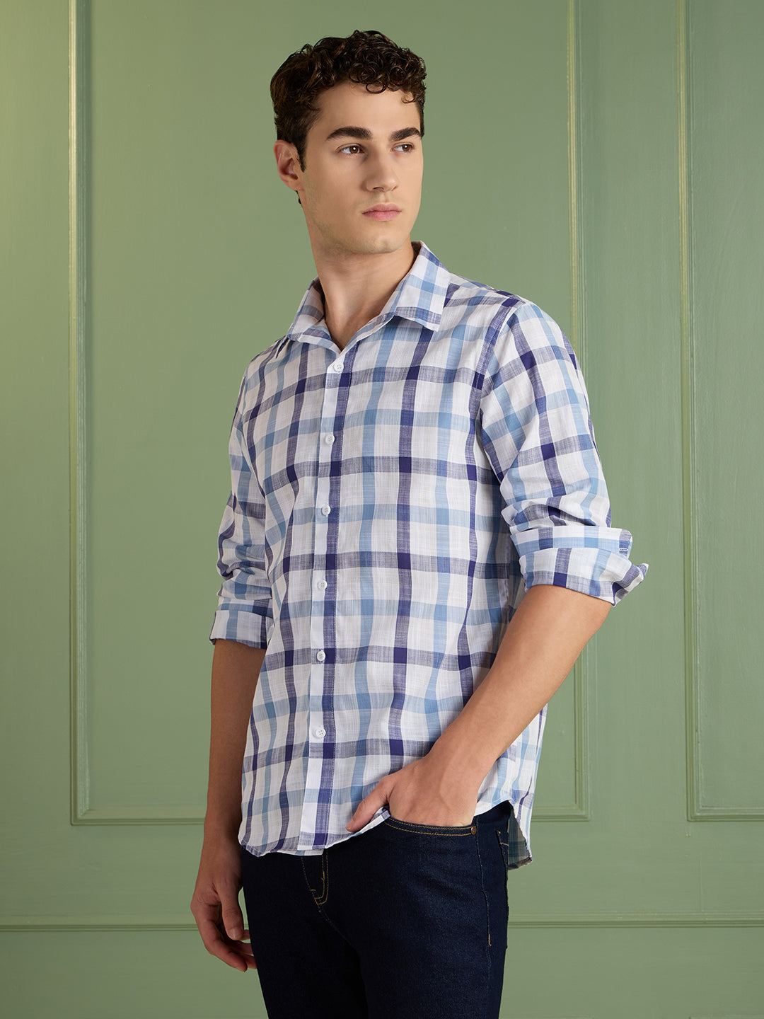 Men's Slim Fit Blue Checks 100% Cotton Casual Shirt | Mark & Albert