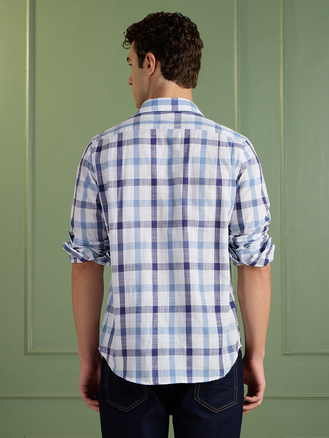 Men's Slim Fit Blue Checks 100% Cotton Casual Shirt | Mark & Albert
