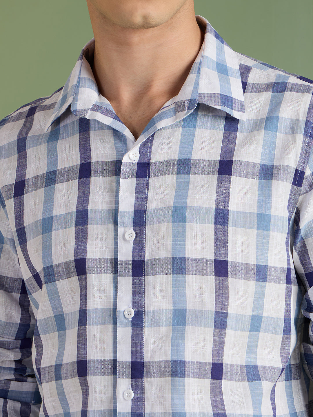 Men's Slim Fit Blue Checks 100% Cotton Casual Shirt | Mark & Albert