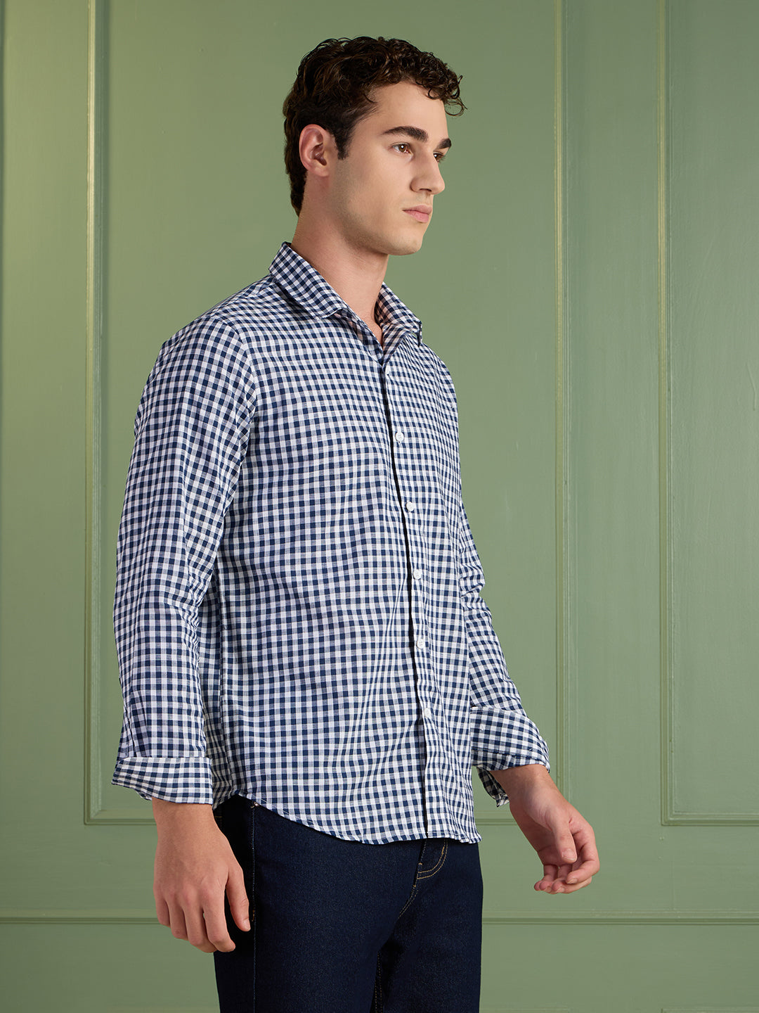 Men's Slim Fit Blue Checks 100% Cotton Casual Shirt | Mark & Albert