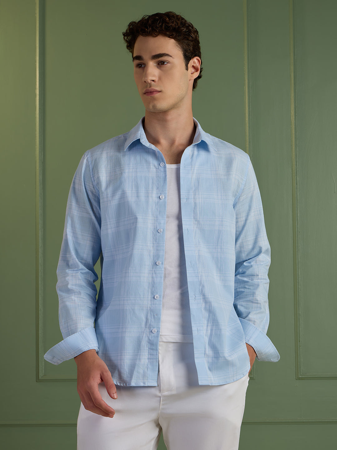 Men's Slim Fit Sky Blue 100% Cotton Checkered Casual Shirt | Mark & Albert