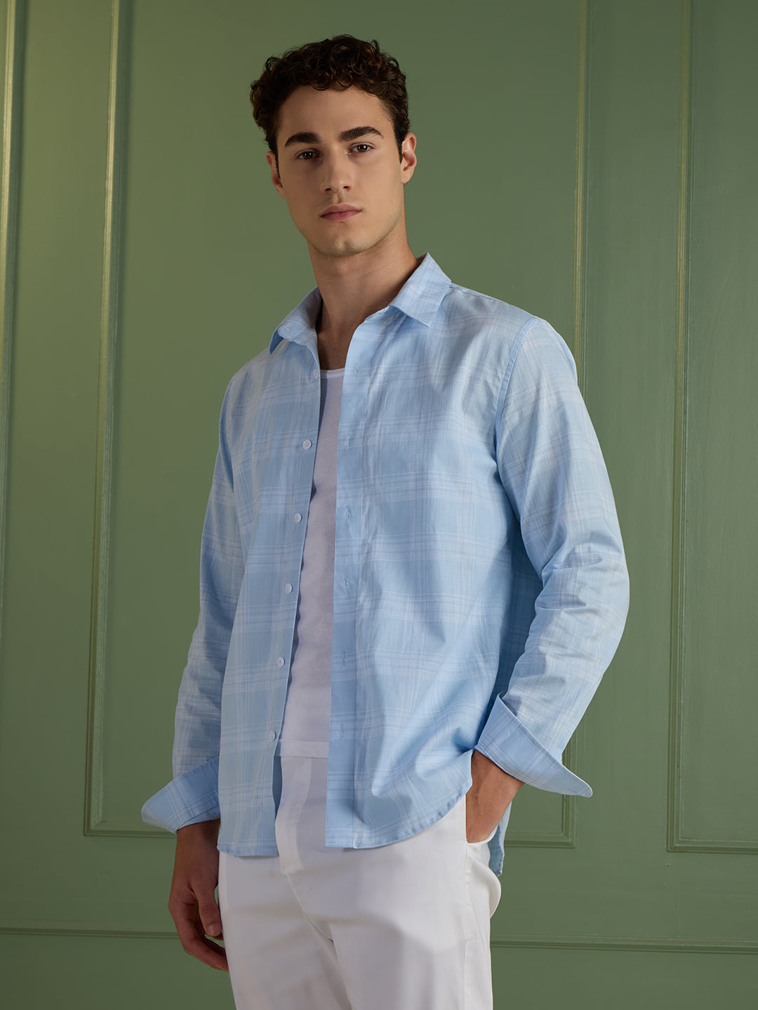 Men's Slim Fit Sky Blue 100% Cotton Checkered Casual Shirt | Mark & Albert