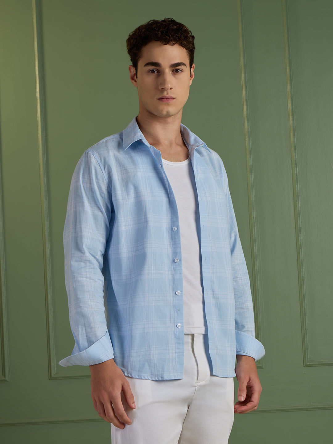 Men's Slim Fit Sky Blue 100% Cotton Checkered Casual Shirt | Mark & Albert