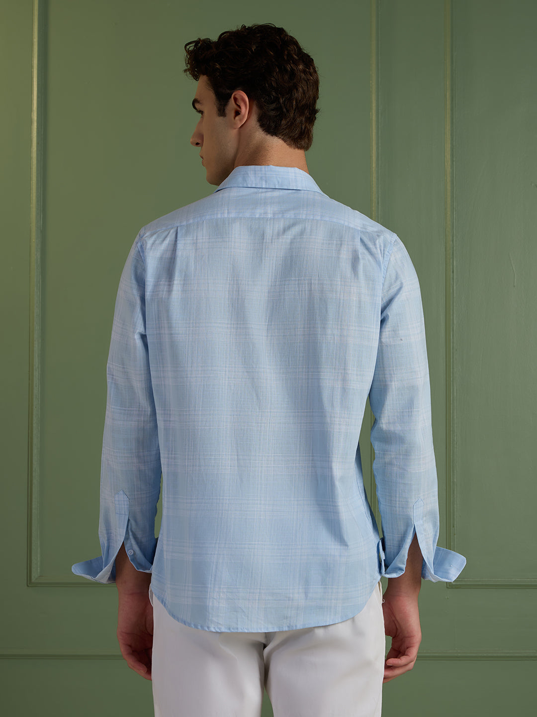 Men's Slim Fit Sky Blue 100% Cotton Checkered Casual Shirt | Mark & Albert