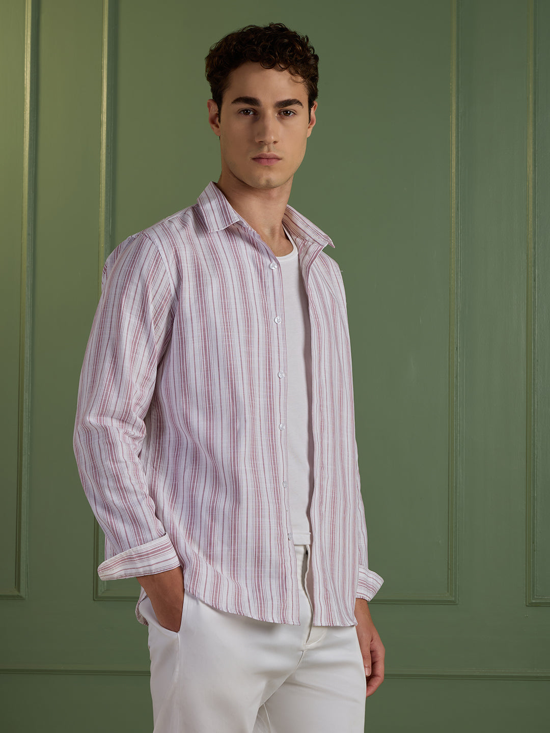 Men's Slim Fit Pink Striped 100% Cotton Casual Shirt | Mark & Albert