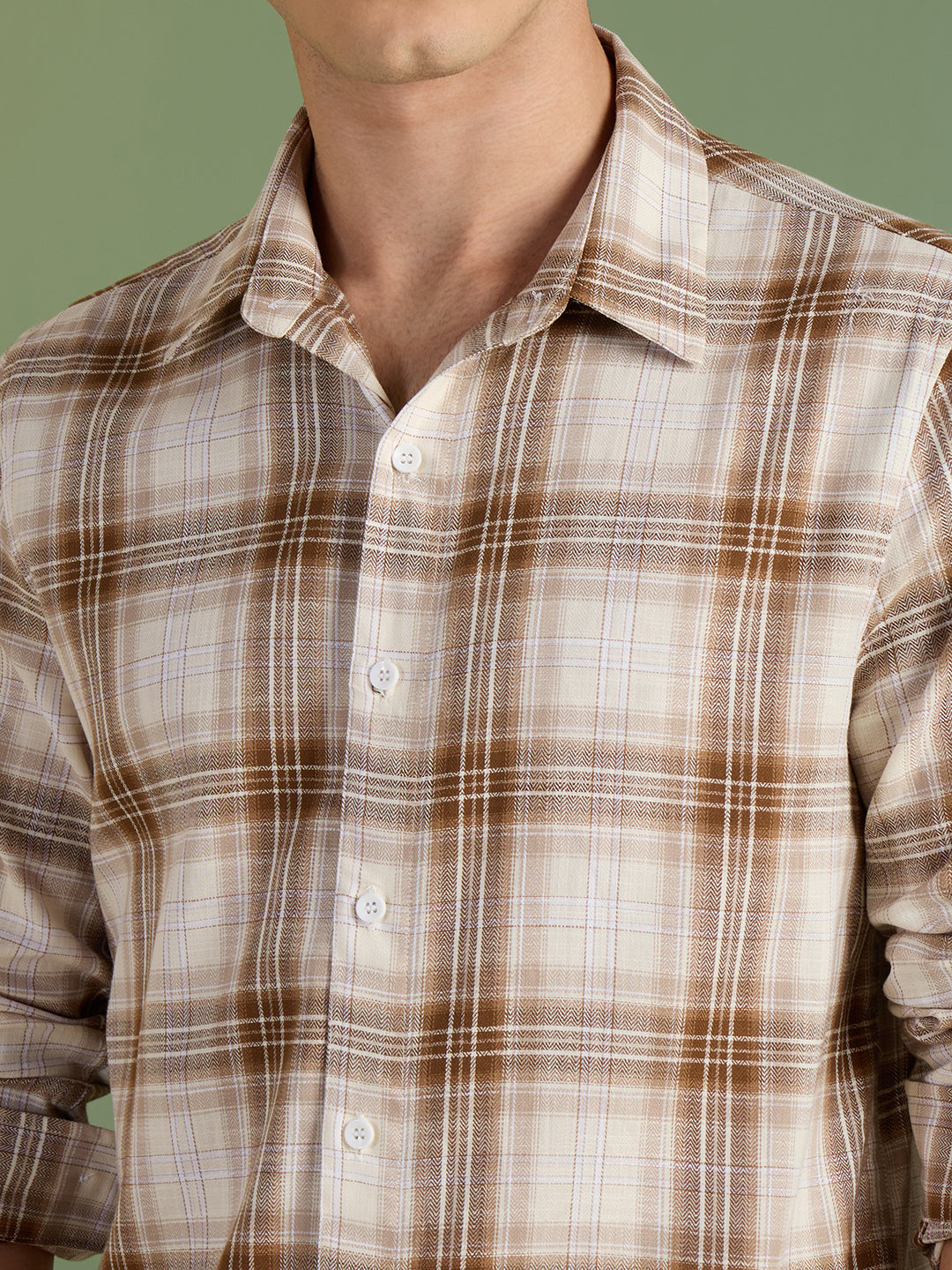 Men's Slim Fit Beige Checks 100% Cotton Casual Shirt | Mark & Albert