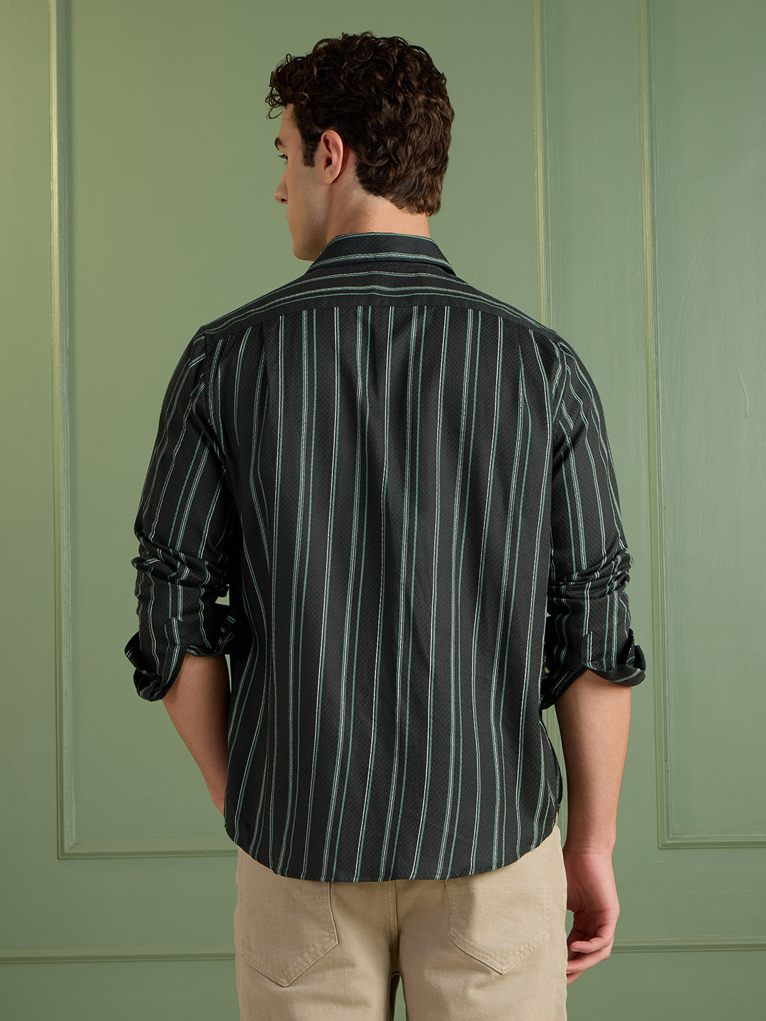 Men's Slim Fit Green Striped Casual Shirt 100% Cotton | Mark & Albert