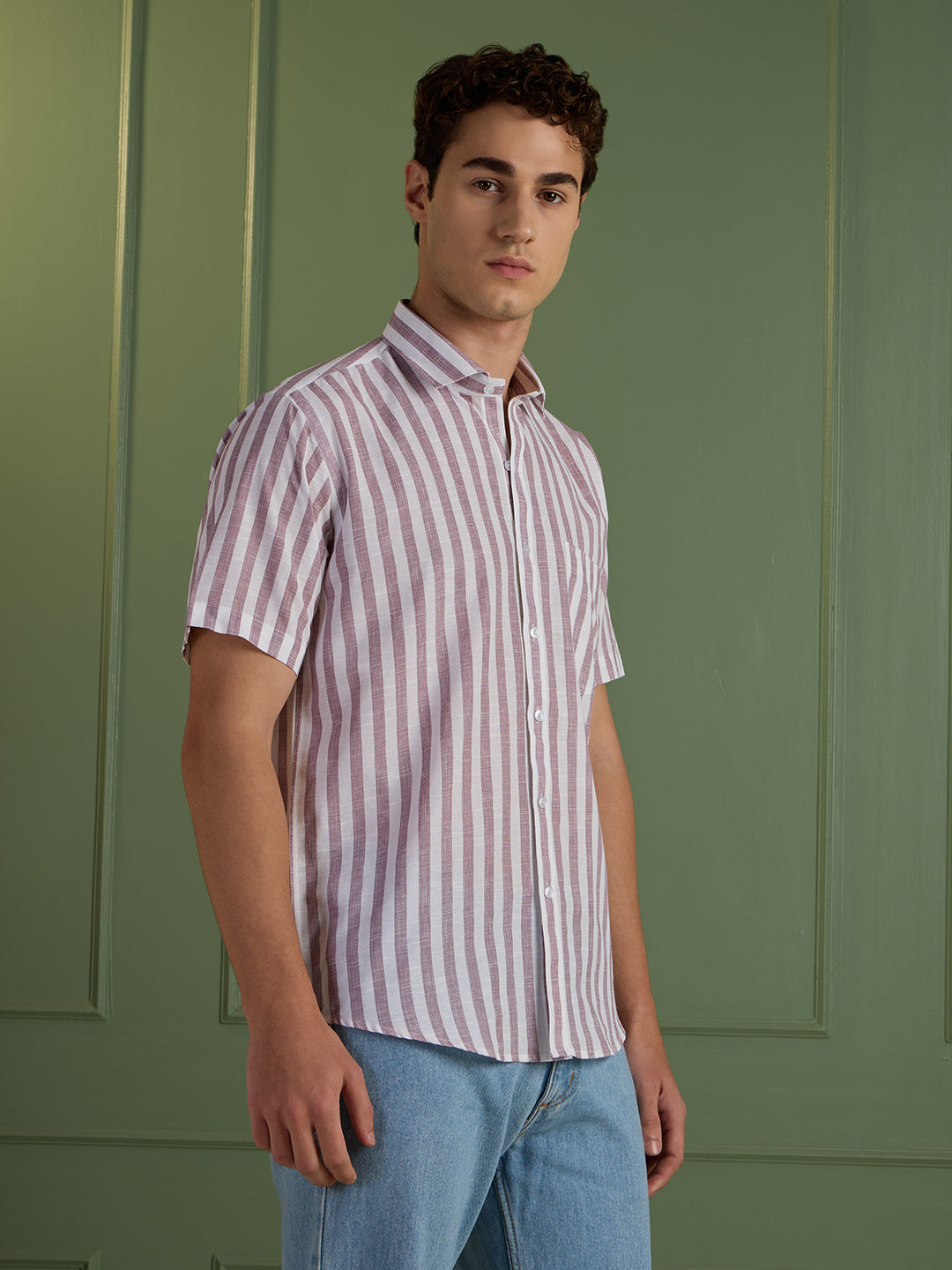 Men's Slim Fit Pink Striped Linen - Cotton Half-Sleeves Shirt | MARK & ALBERT