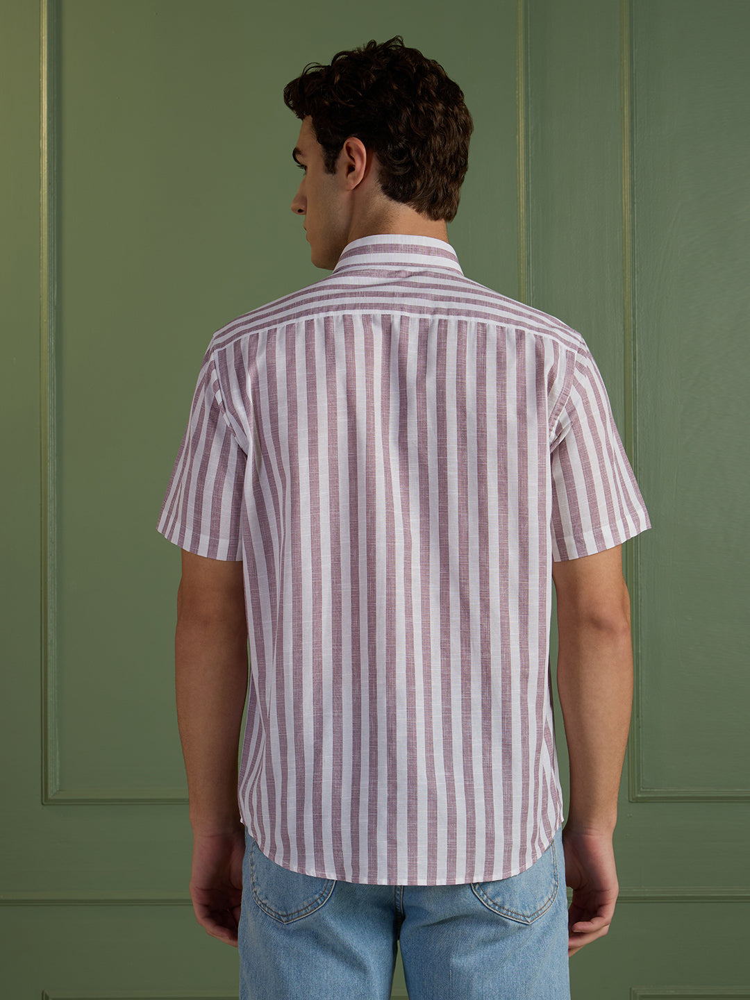 Men's Slim Fit Pink Striped Linen - Cotton Half-Sleeves Shirt | MARK & ALBERT