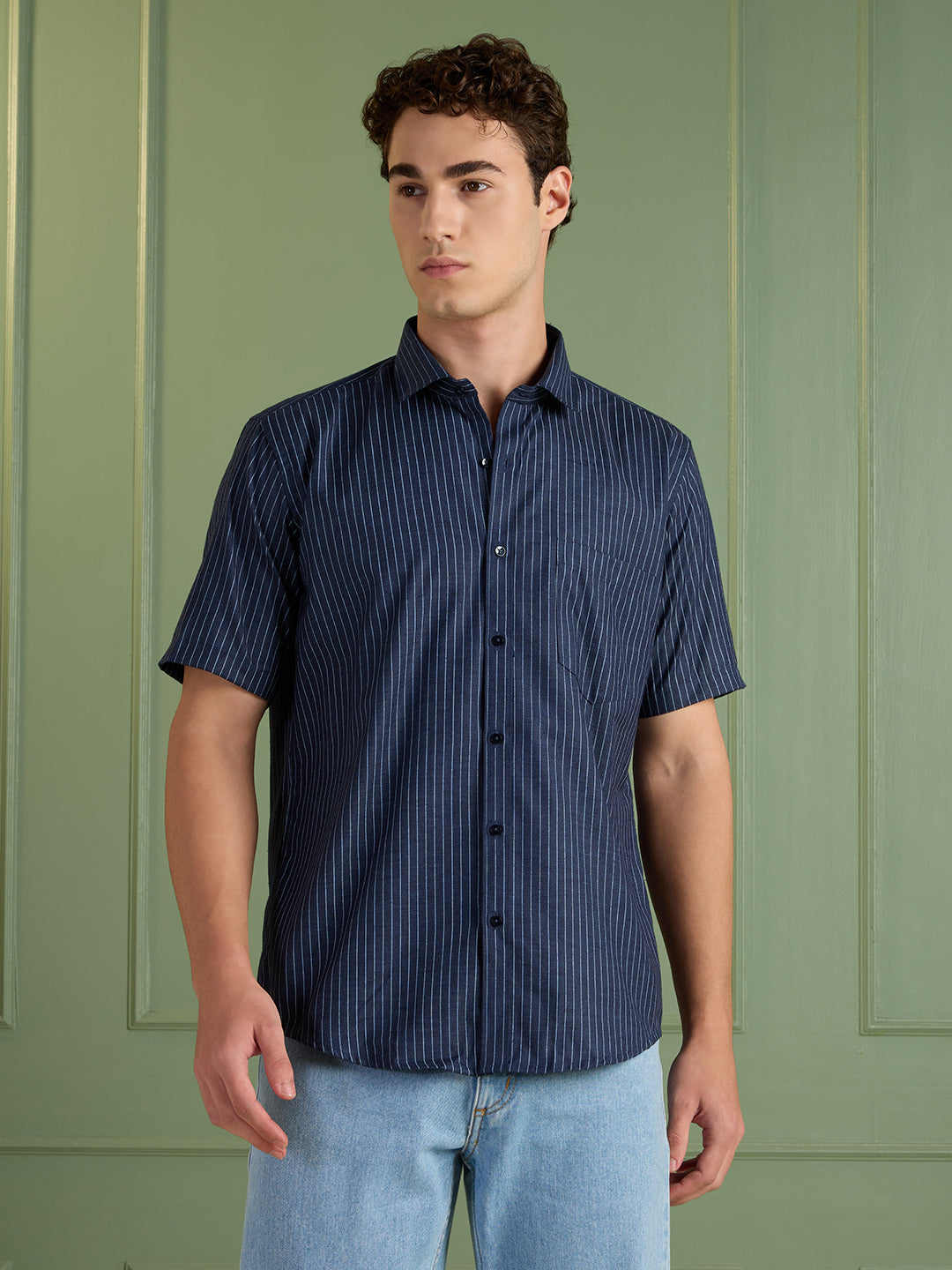 Men's Slim Fit Blue Striped Linen - Cotton Half-Sleeves Shirt | MARK & ALBERT