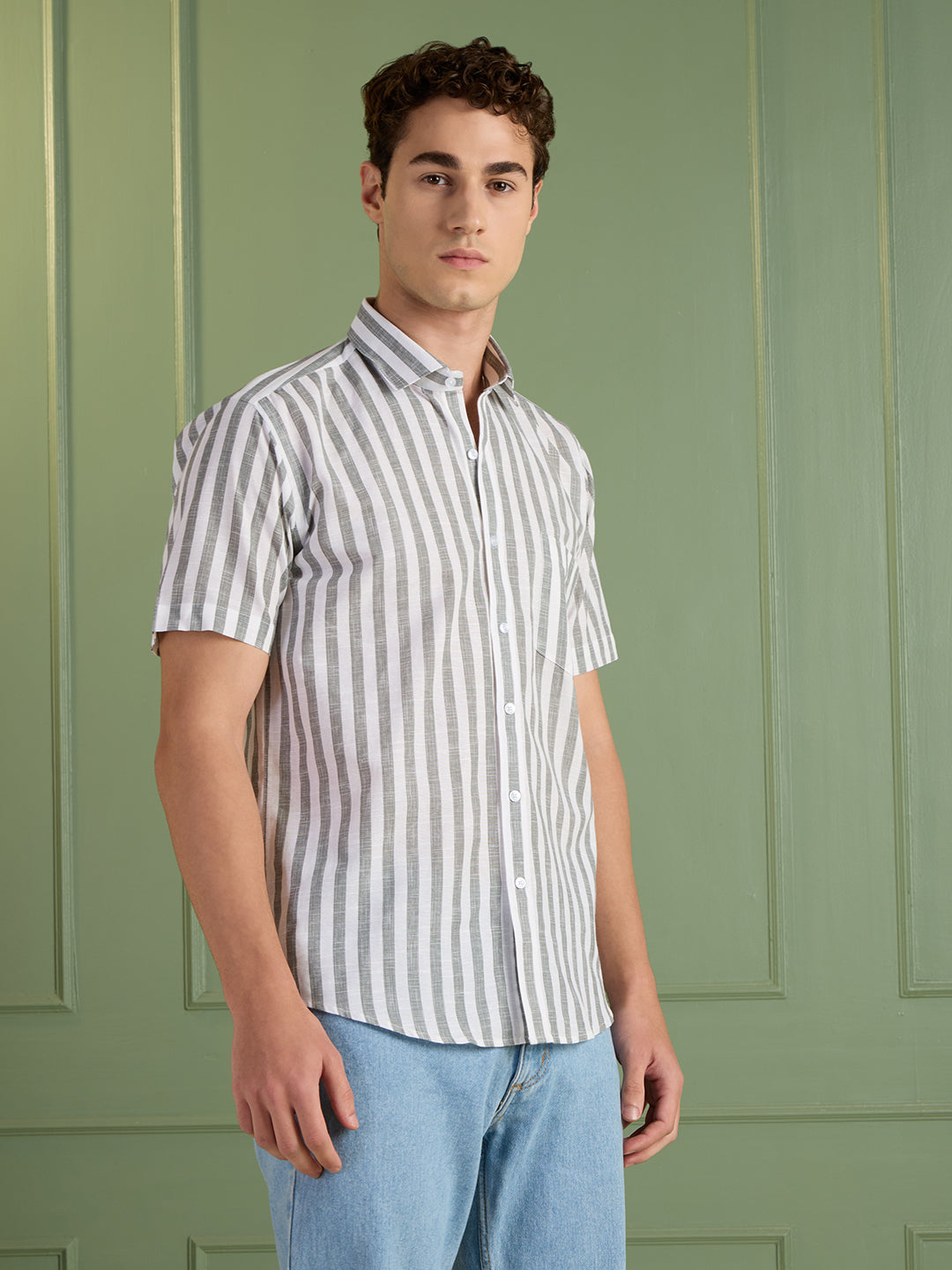 Men's Slim Fit Grey Striped Linen - Cotton Half-Sleeves Shirt | MARK & ALBERT
