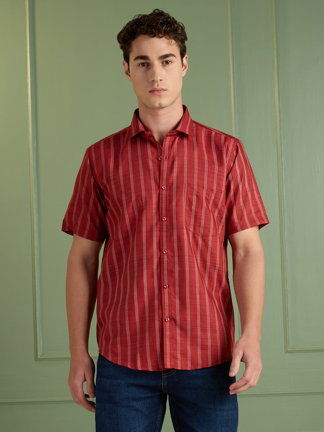 Men's Slim Fit Red Striped Linen - Cotton Half-Sleeves Shirt | MARK & ALBERT