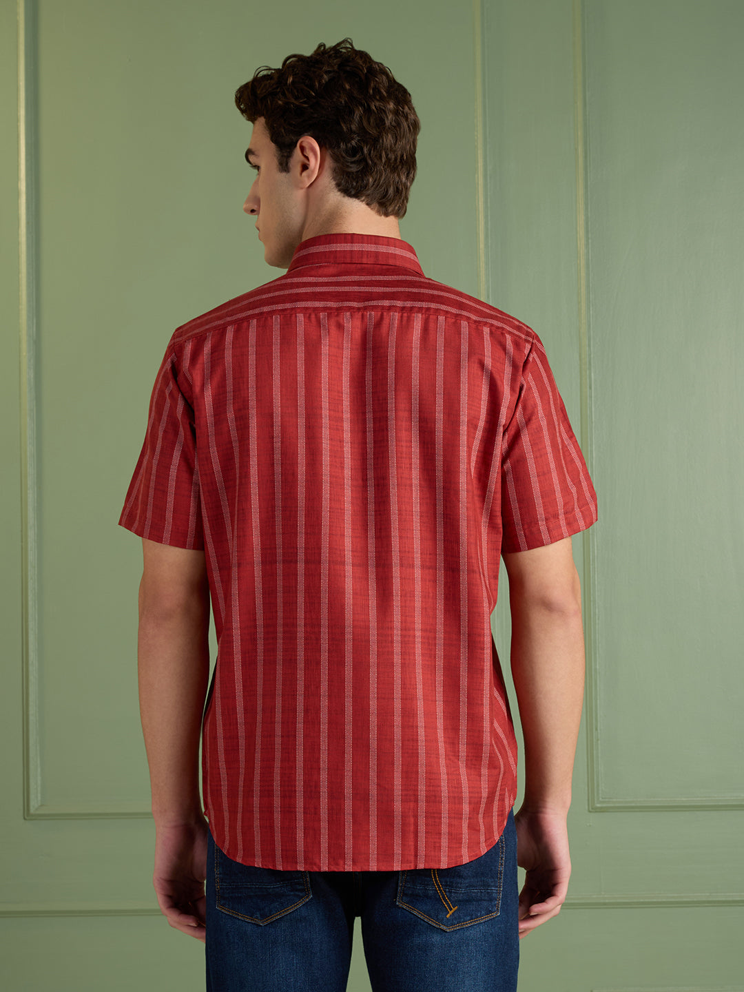 Men's Slim Fit Red Striped Linen - Cotton Half-Sleeves Shirt | MARK & ALBERT