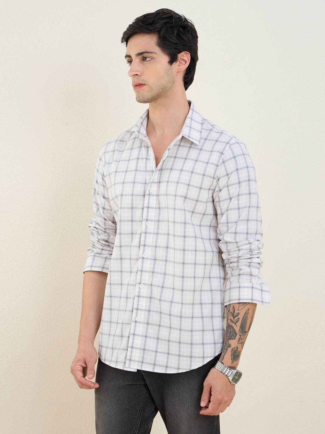 Men’s White Check Shirt Cotton Blend Slim Fit Grid Plaid Casual Shirt | MARK & ALBERT