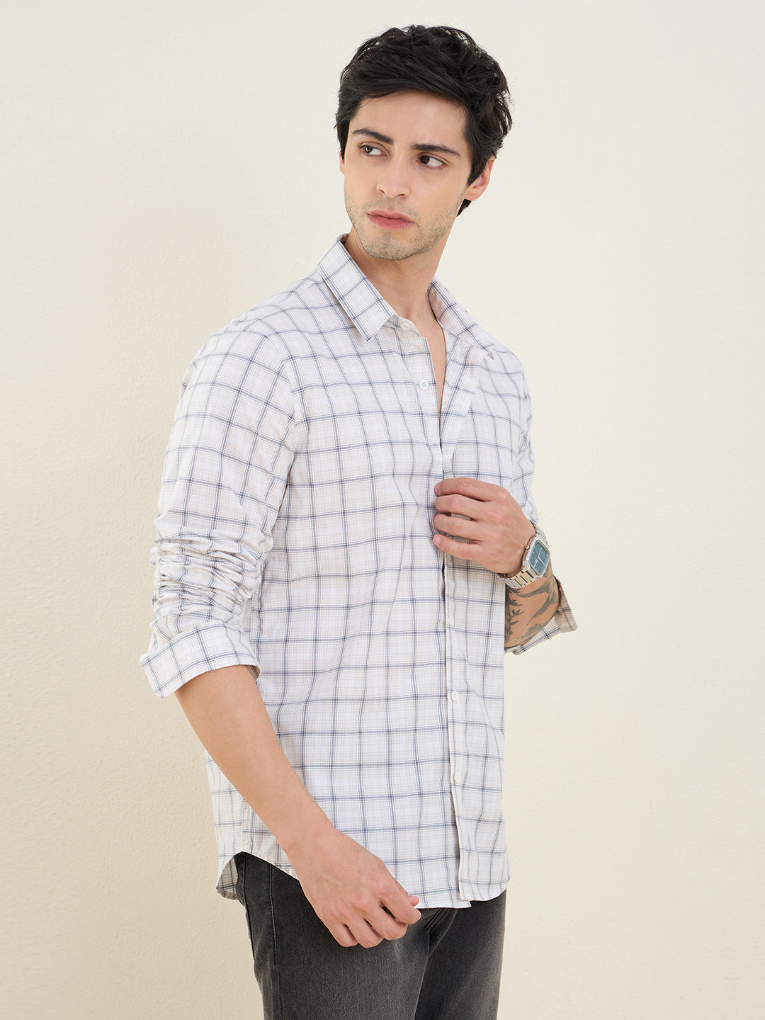 Men’s White Check Shirt Cotton Blend Slim Fit Grid Plaid Casual Shirt | MARK & ALBERT