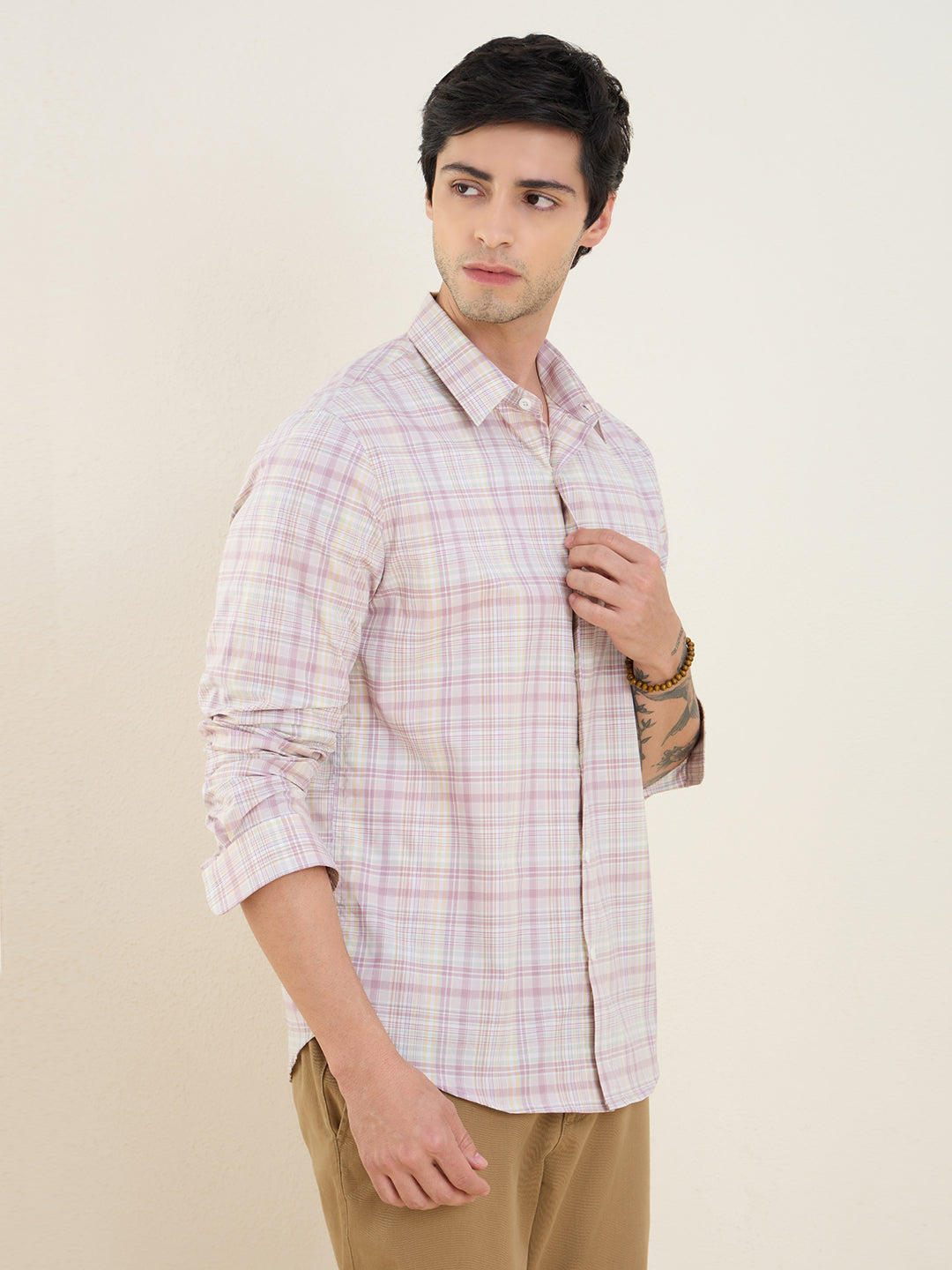 Men’s 100% Cotton Pink Checks Slim Fit Casual Shirt | MARK & ALBERT