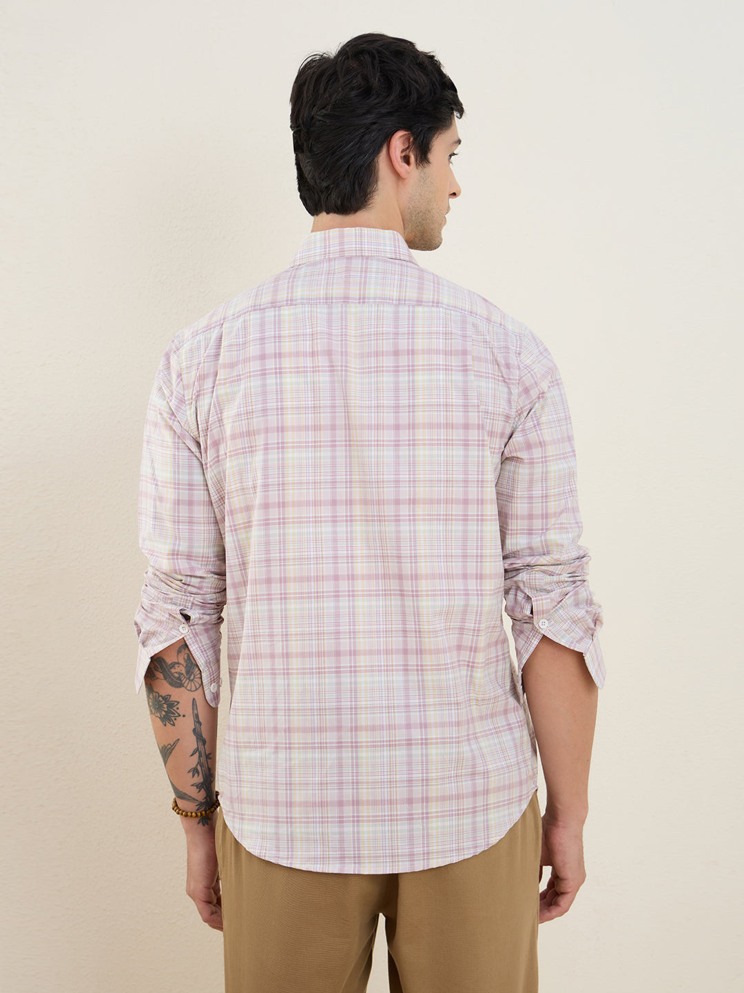 Men’s 100% Cotton Pink Checks Slim Fit Casual Shirt | MARK & ALBERT