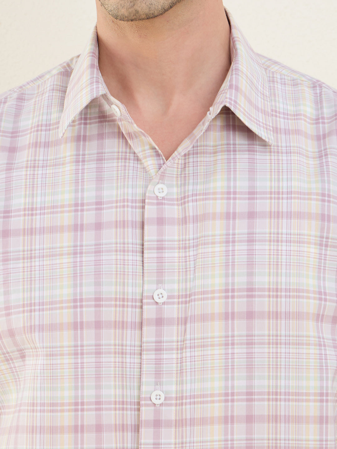 Men’s 100% Cotton Pink Checks Slim Fit Casual Shirt | MARK & ALBERT