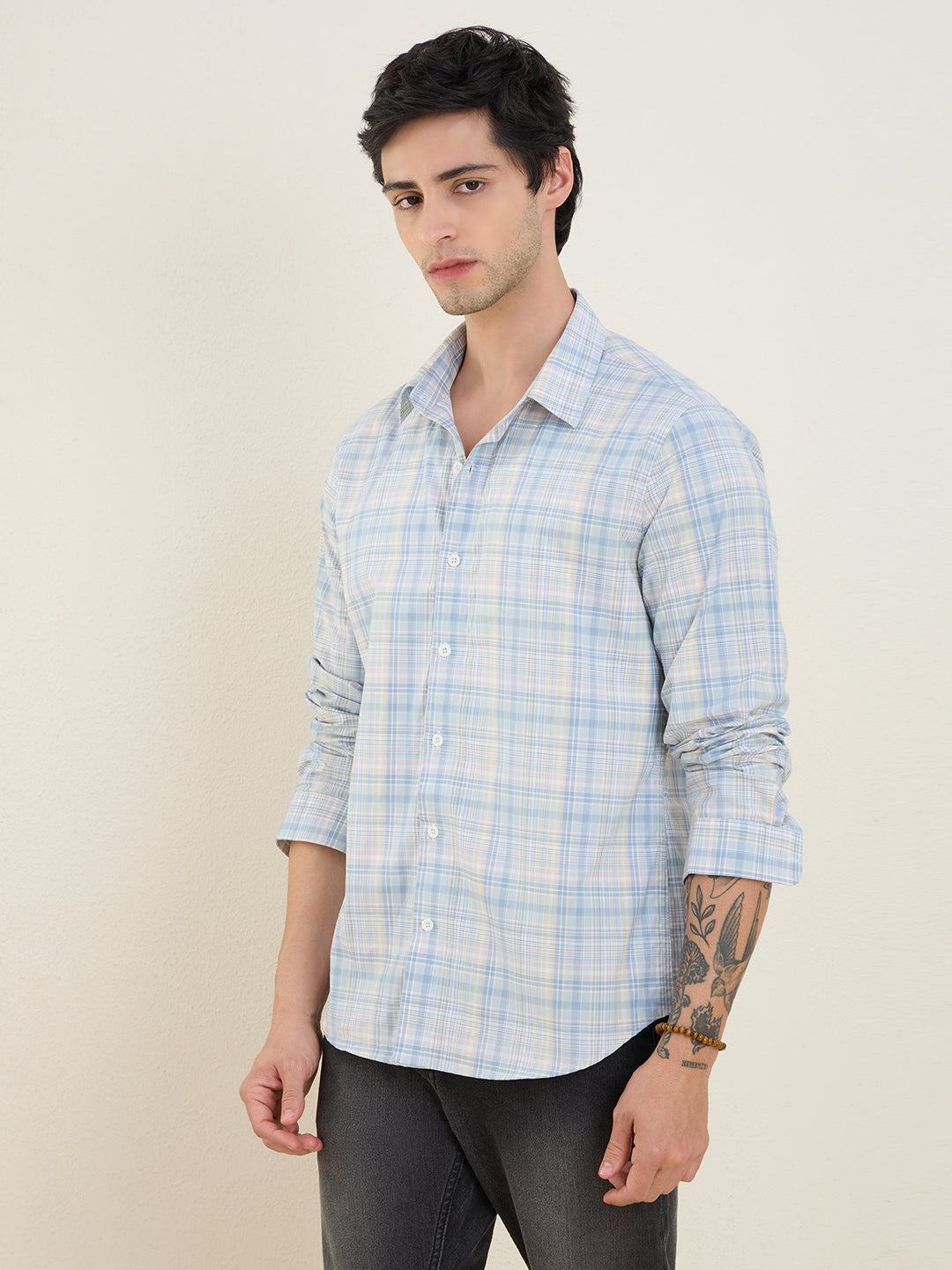 Men’s 100% Cotton Blue Checks Slim Fit Casual Shirt | MARK & ALBERT